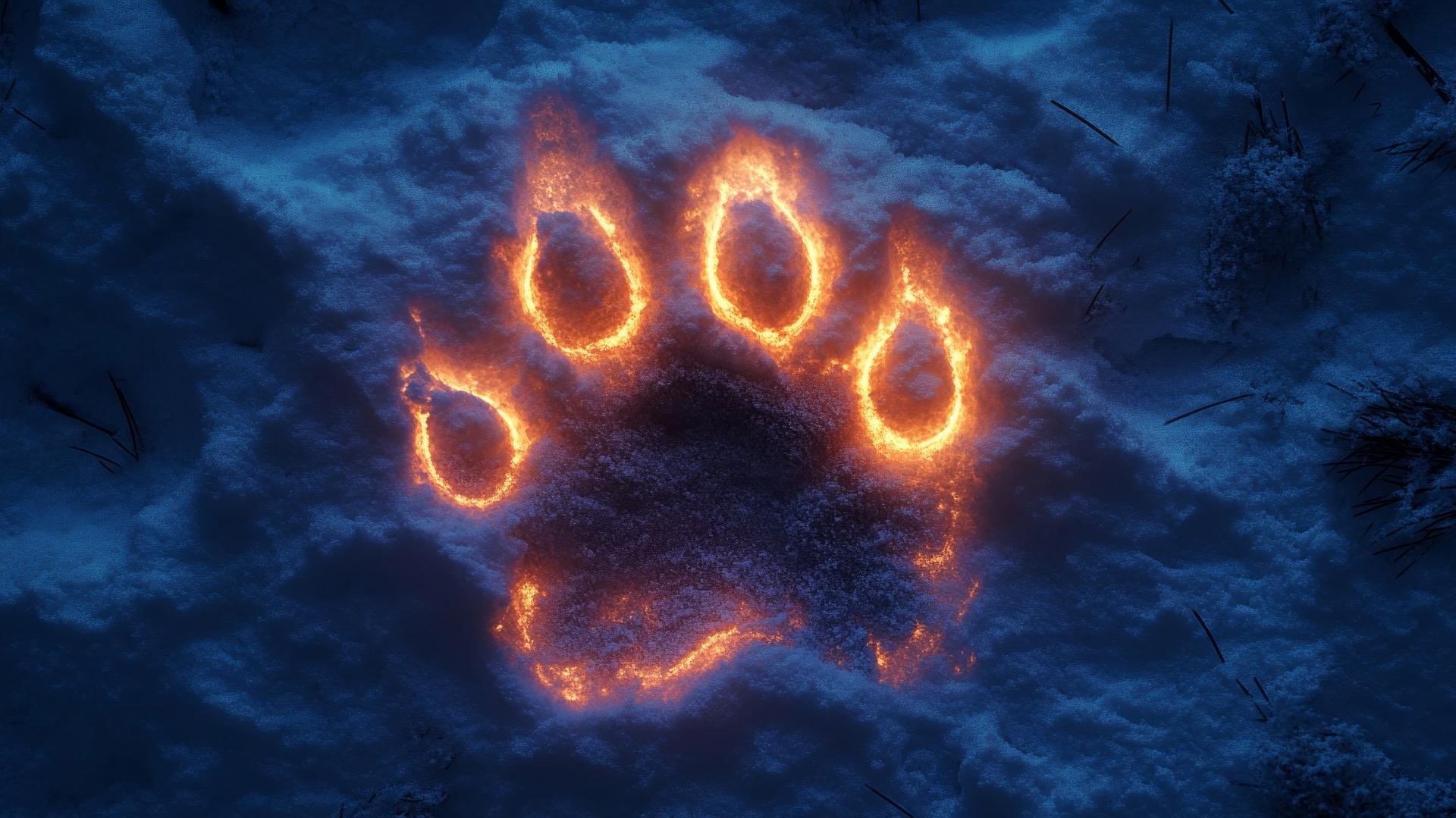 Glowing wolf paw print embedded in snow with neon light and gradient background