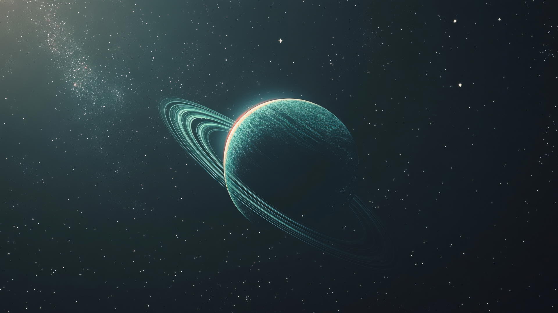 Glowing planet with rings in a dark starlit sky
