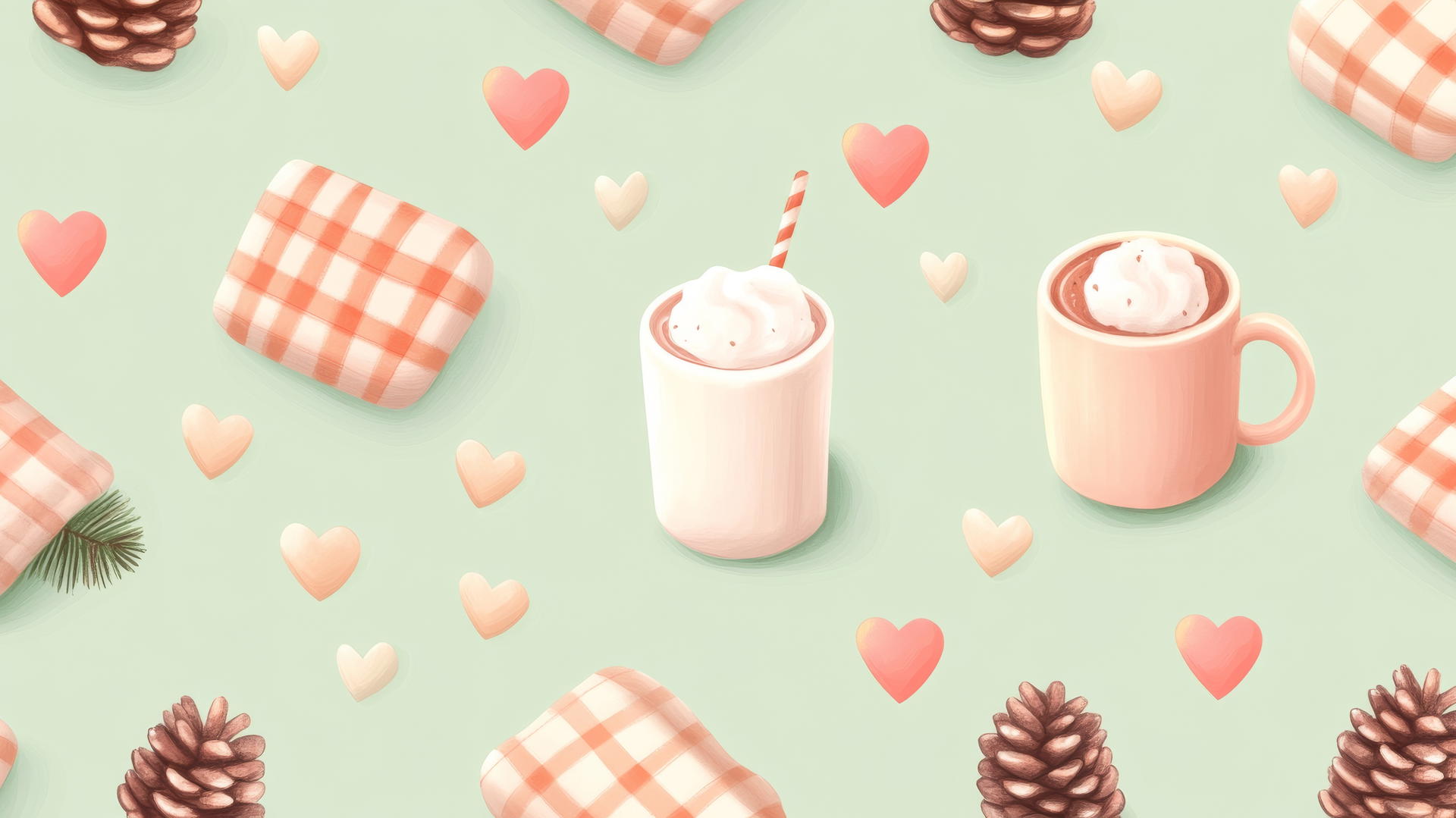 Fall-themed icons with pinecones, plaid blankets, on pastel green