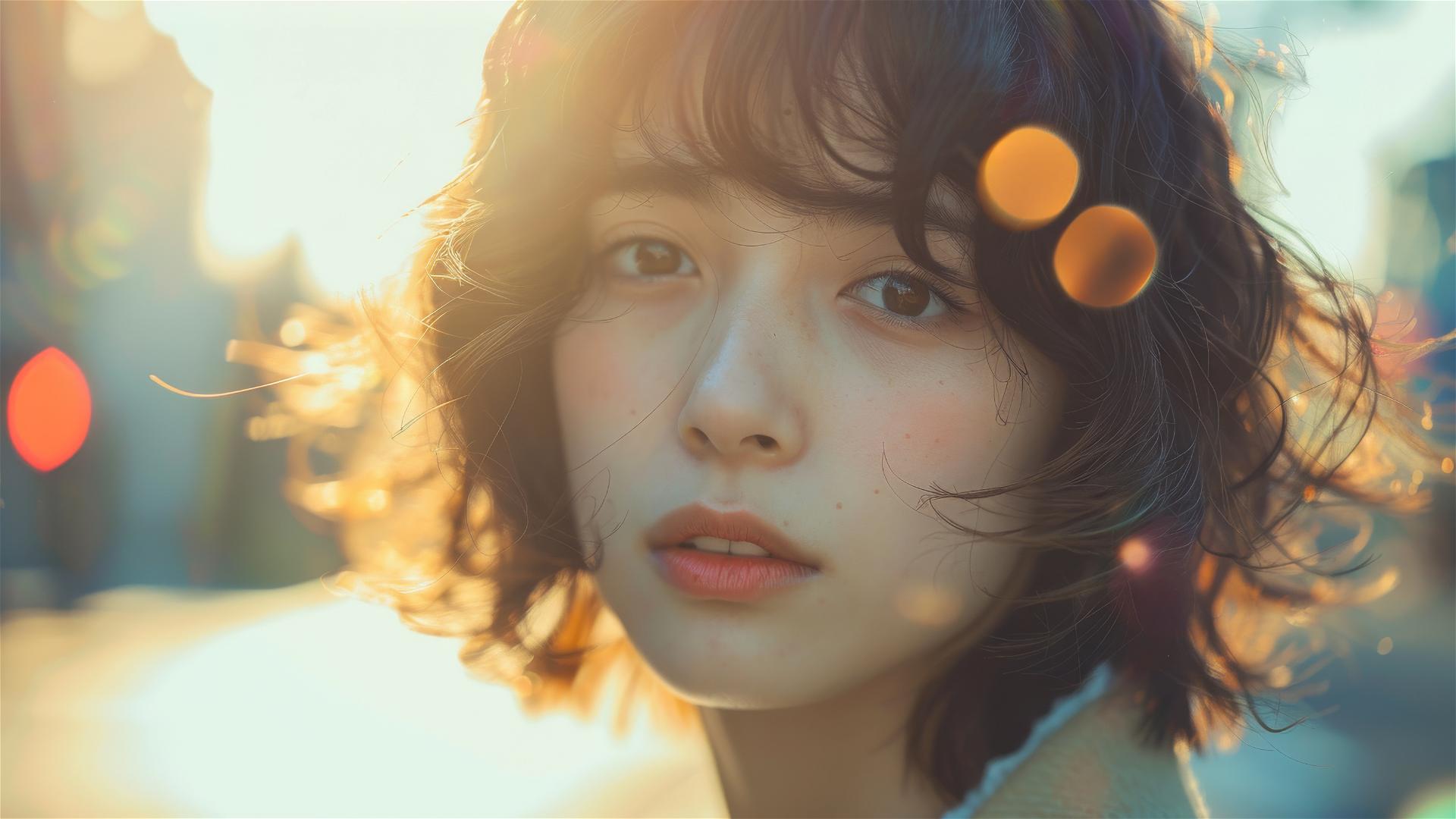 Fashionable Japanese teen with brown perm, spin blur, and lens flare.
