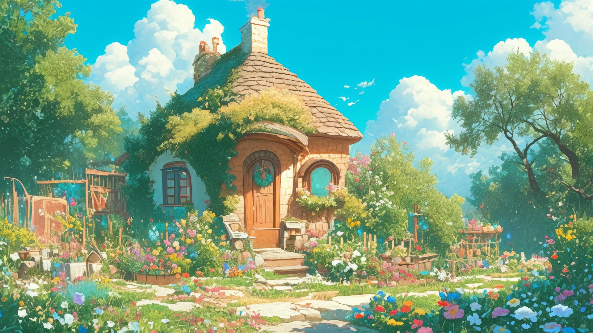 Ghibli-style cottage in blooming enchanted garden
