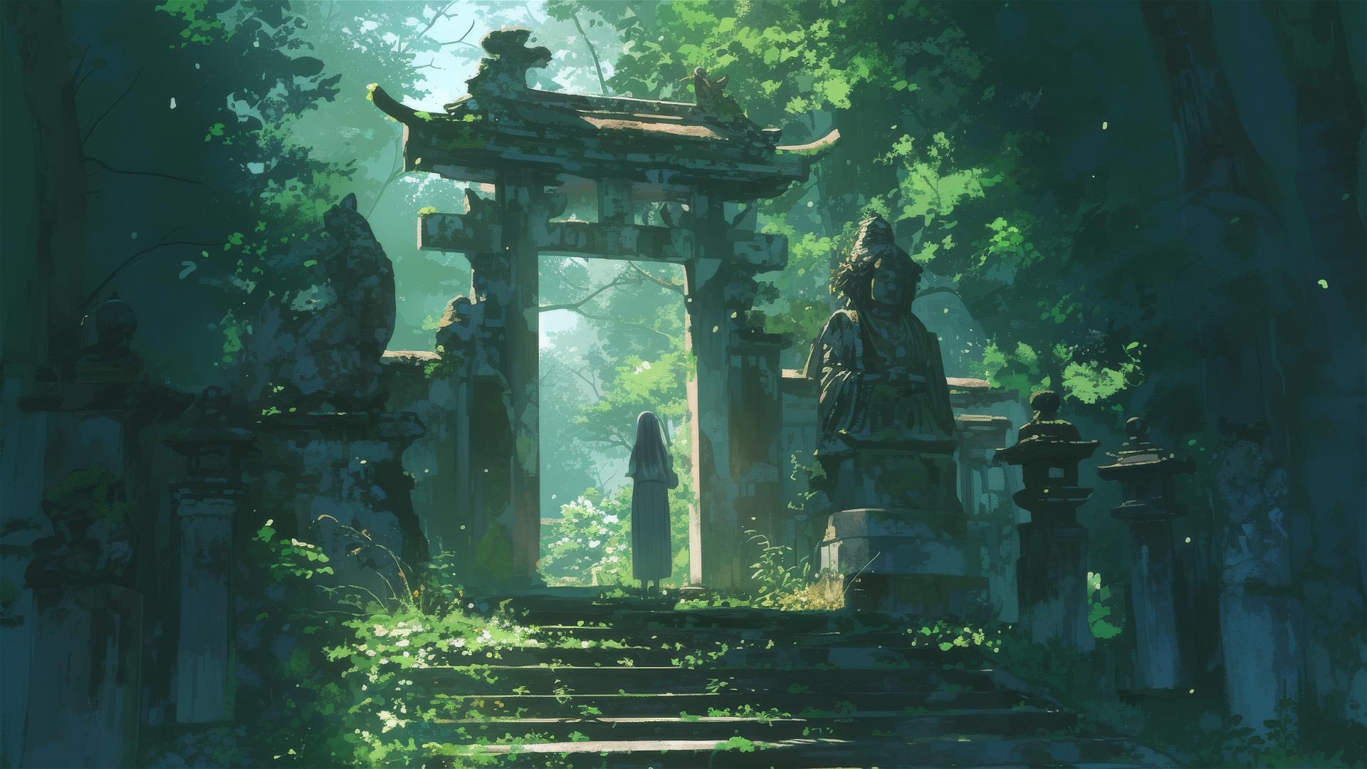 Anime Ghibli-style temple reclaimed by nature, unveiling secrets.
