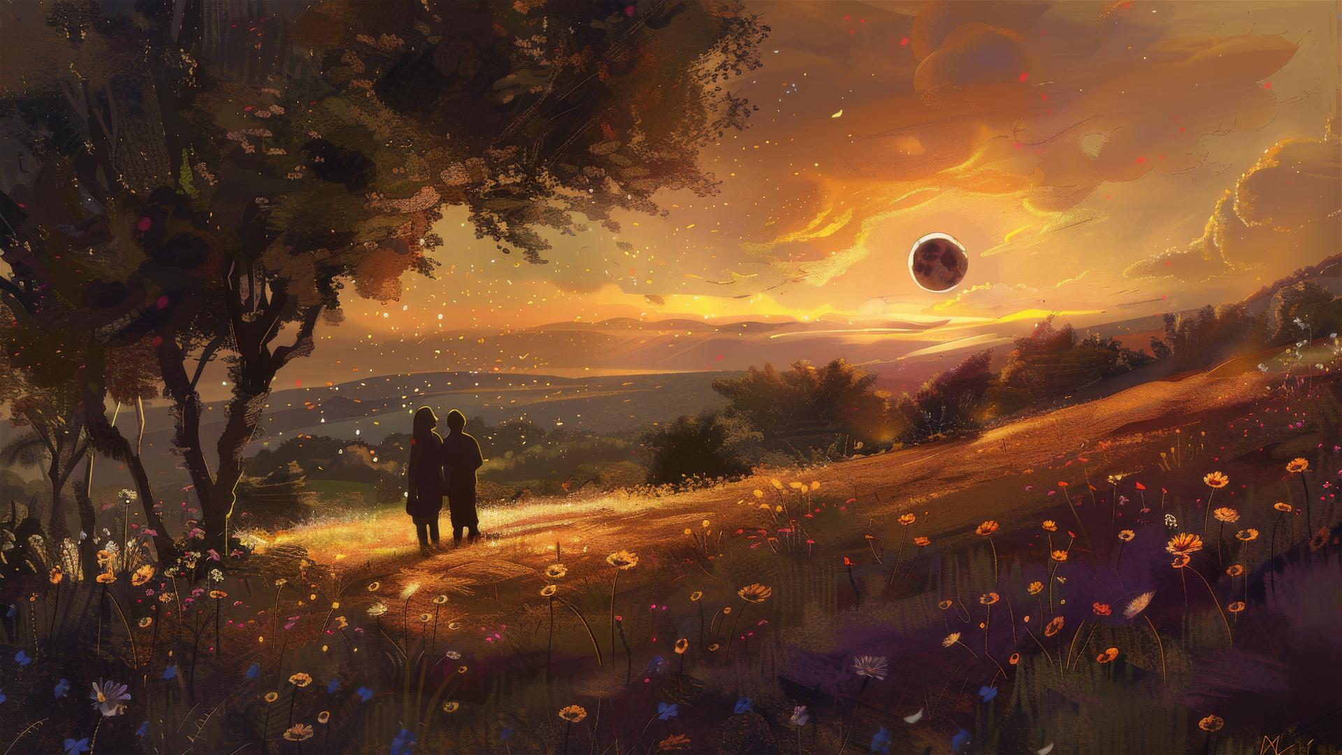 Gauguin-inspired countryside under solar eclipse with two figures