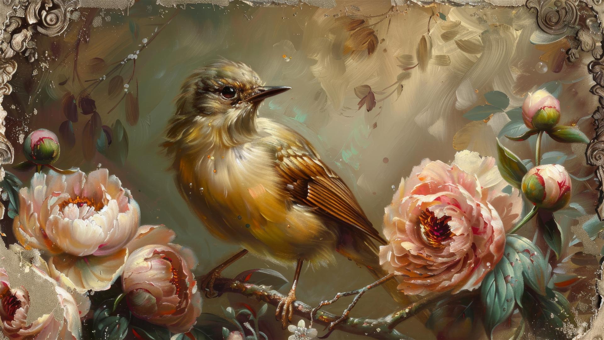 Vintage bird with peonies painting in Jean-Baptiste Monge style, elegant and realistic.