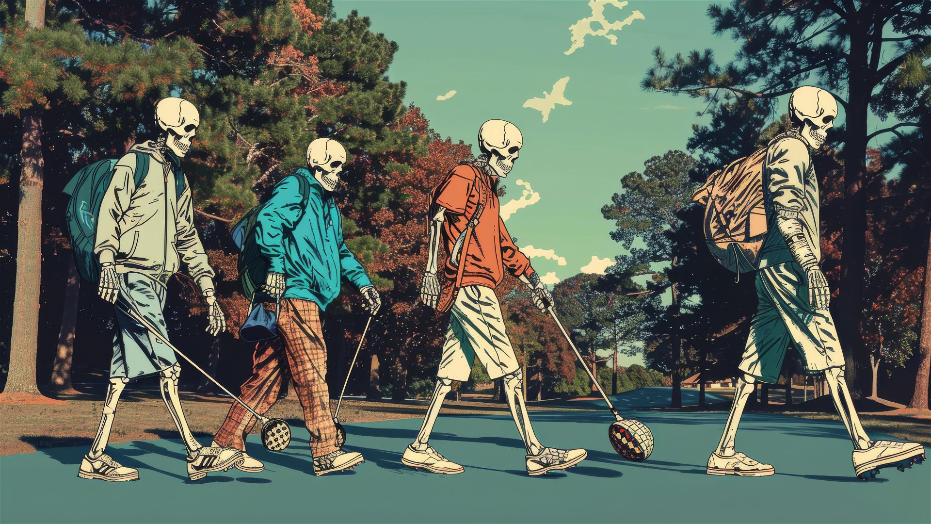 4 skeletons in golf attire on Augusta National fairway, risograph & KAWS-inspired.