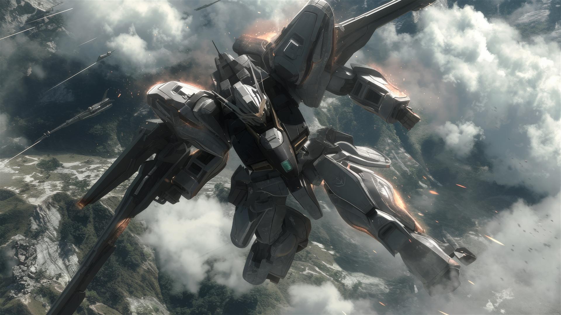 Gundam mobile suit soaring, Roger Deakins cinematic style