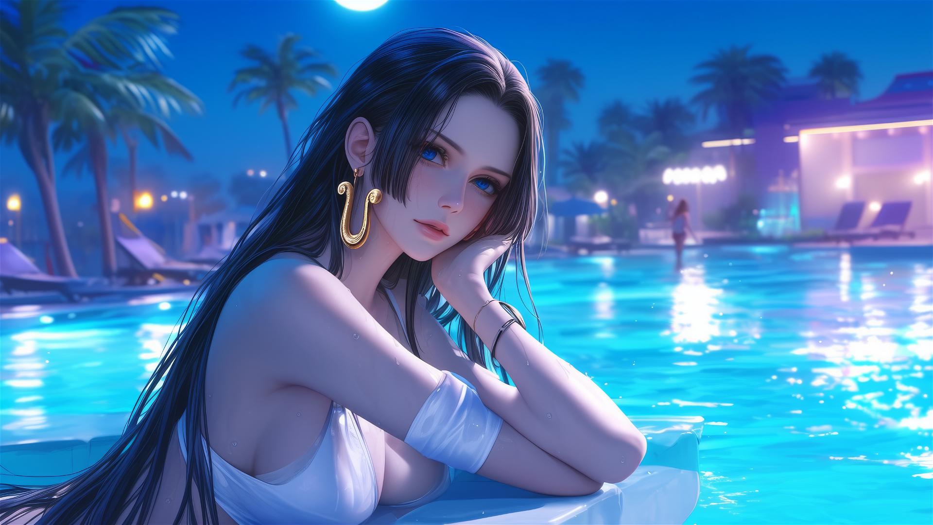 Boa Hancock from One Piece resting by the pool under moonlight