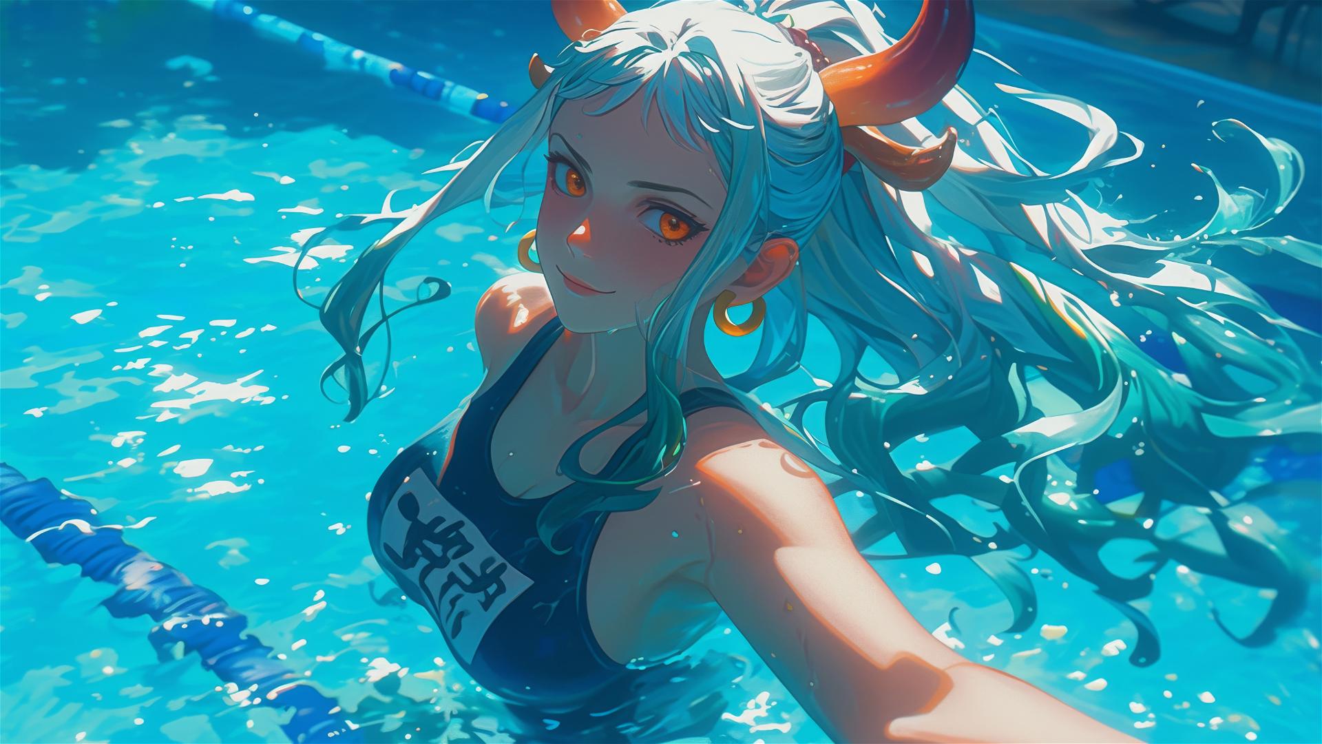 Yamato from One Piece swimming in moonlit pool with orange eyes