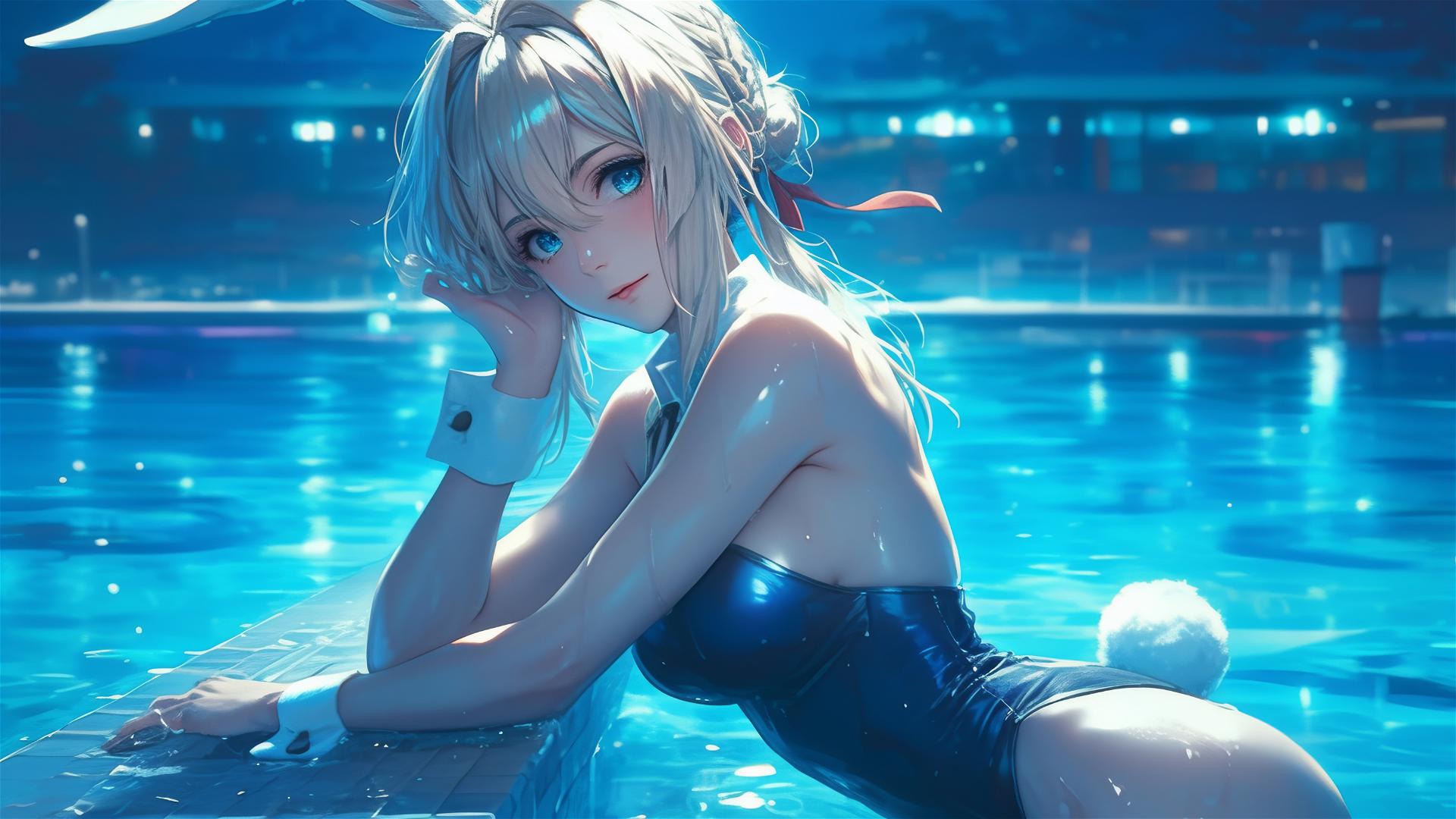 Violet Evergarden as a bunny girl resting by a pool under moonlight