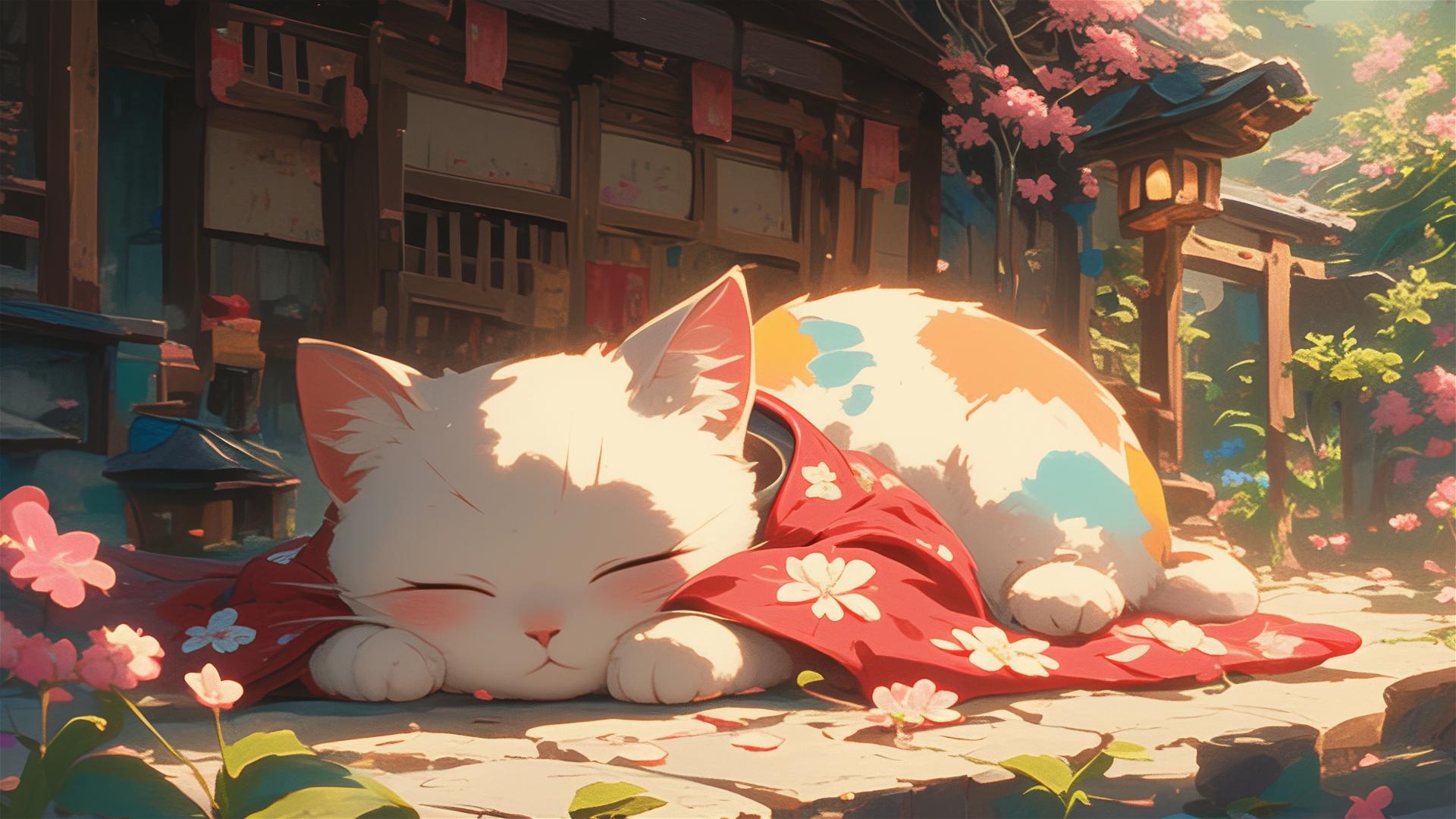 Panoramic colorful Japanese animation style with sleeping British Shorthair and flowers