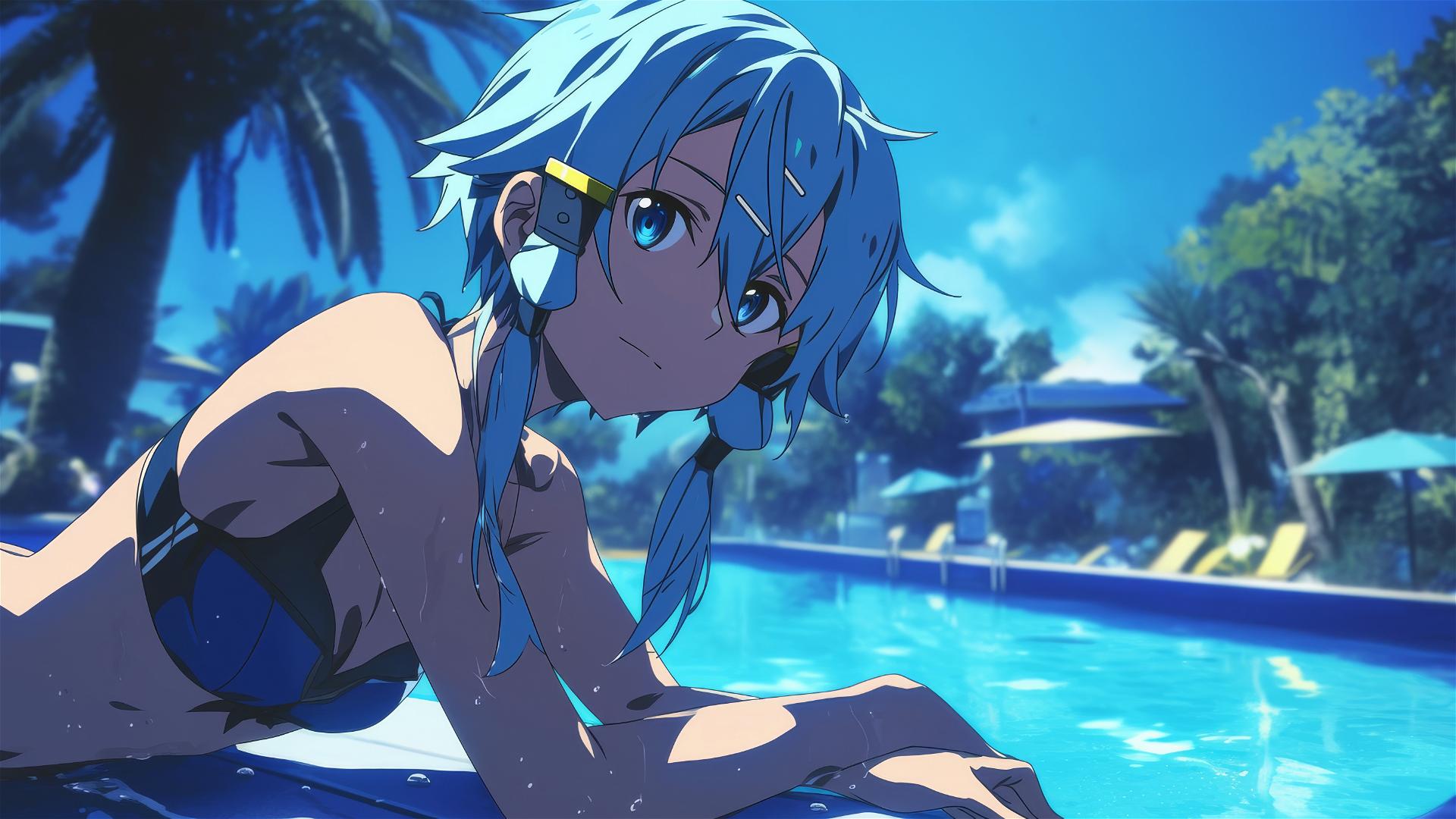 Sinon from SAO resting by pool under moonlight