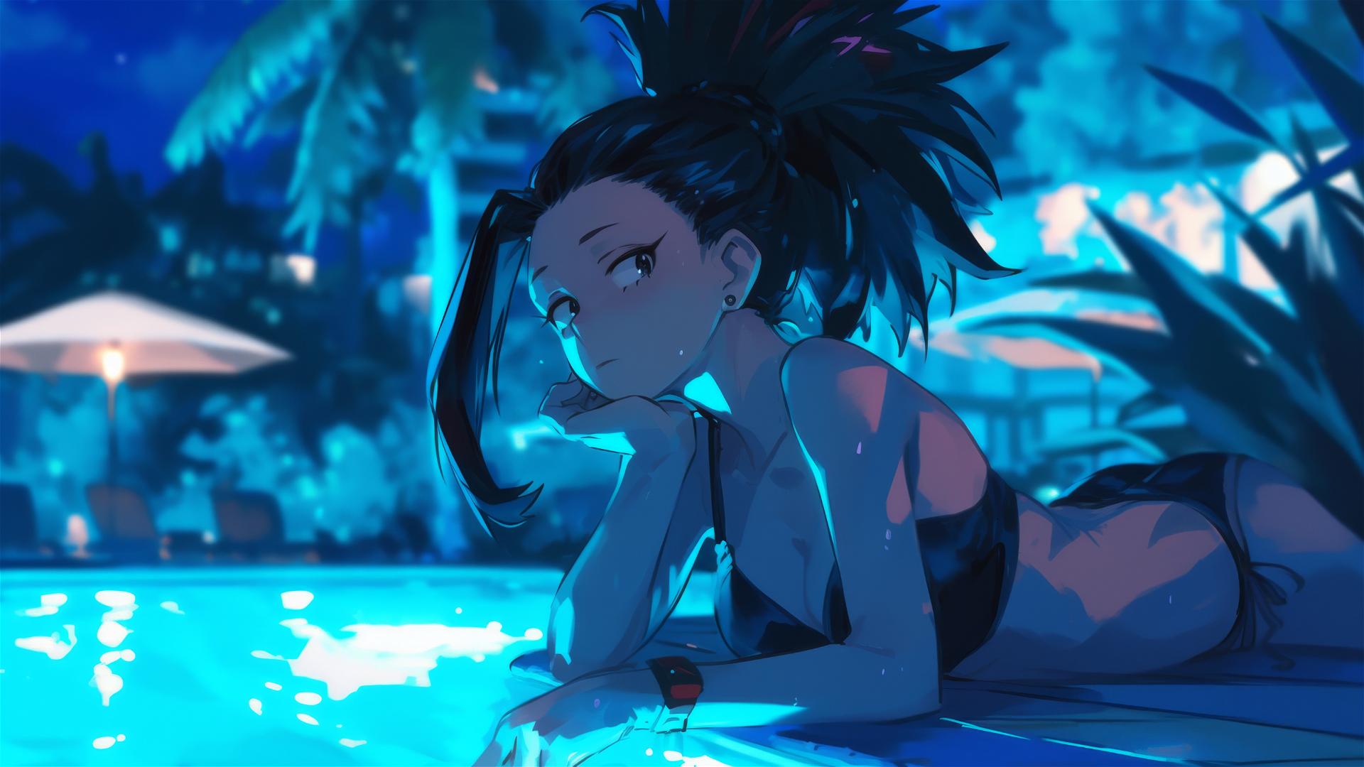 Momo Yaoyorozu by poolside under moonlight