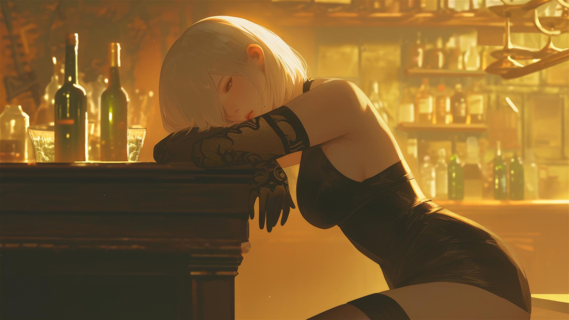 2B from Nier lounging at a bar with soft morning light glow
