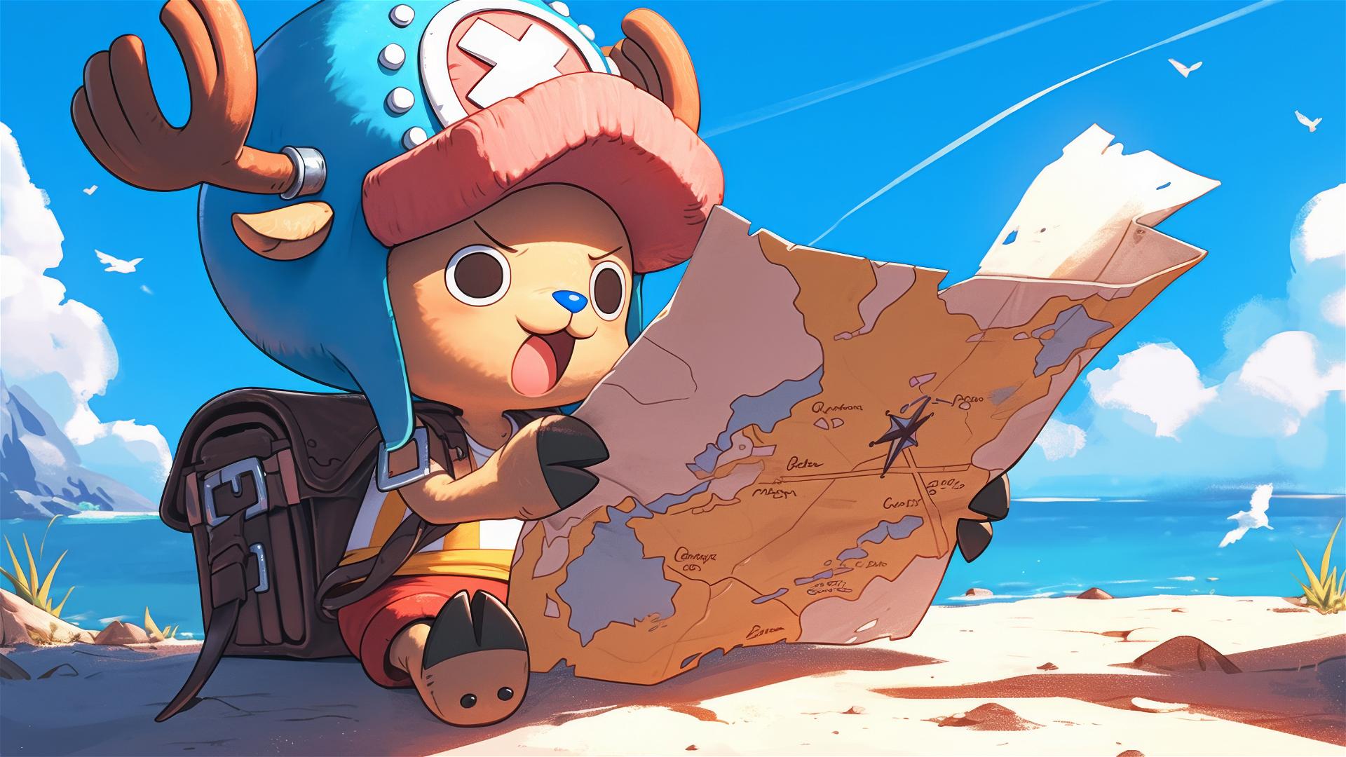 Chopper from One Piece struggling with a giant map