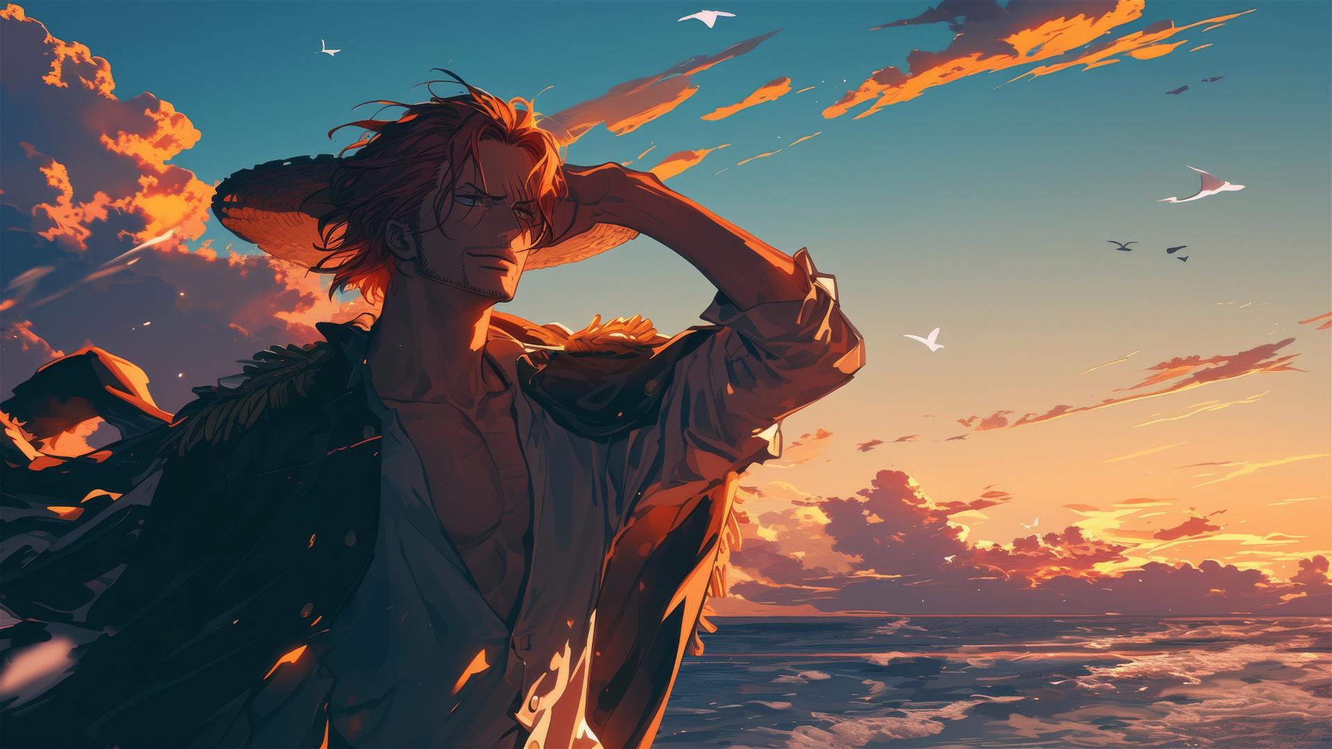 Shanks from One Piece in sunset silhouette holding hat against sea breeze