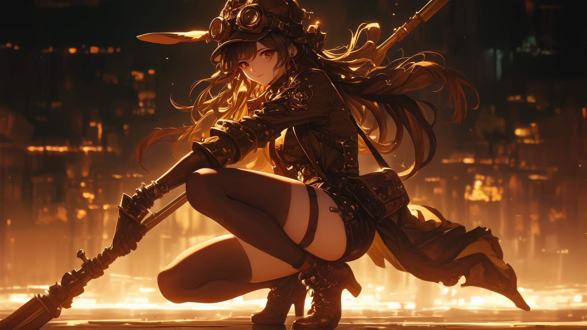 Steampunk girl in dynamic pose on dark background with spotlight