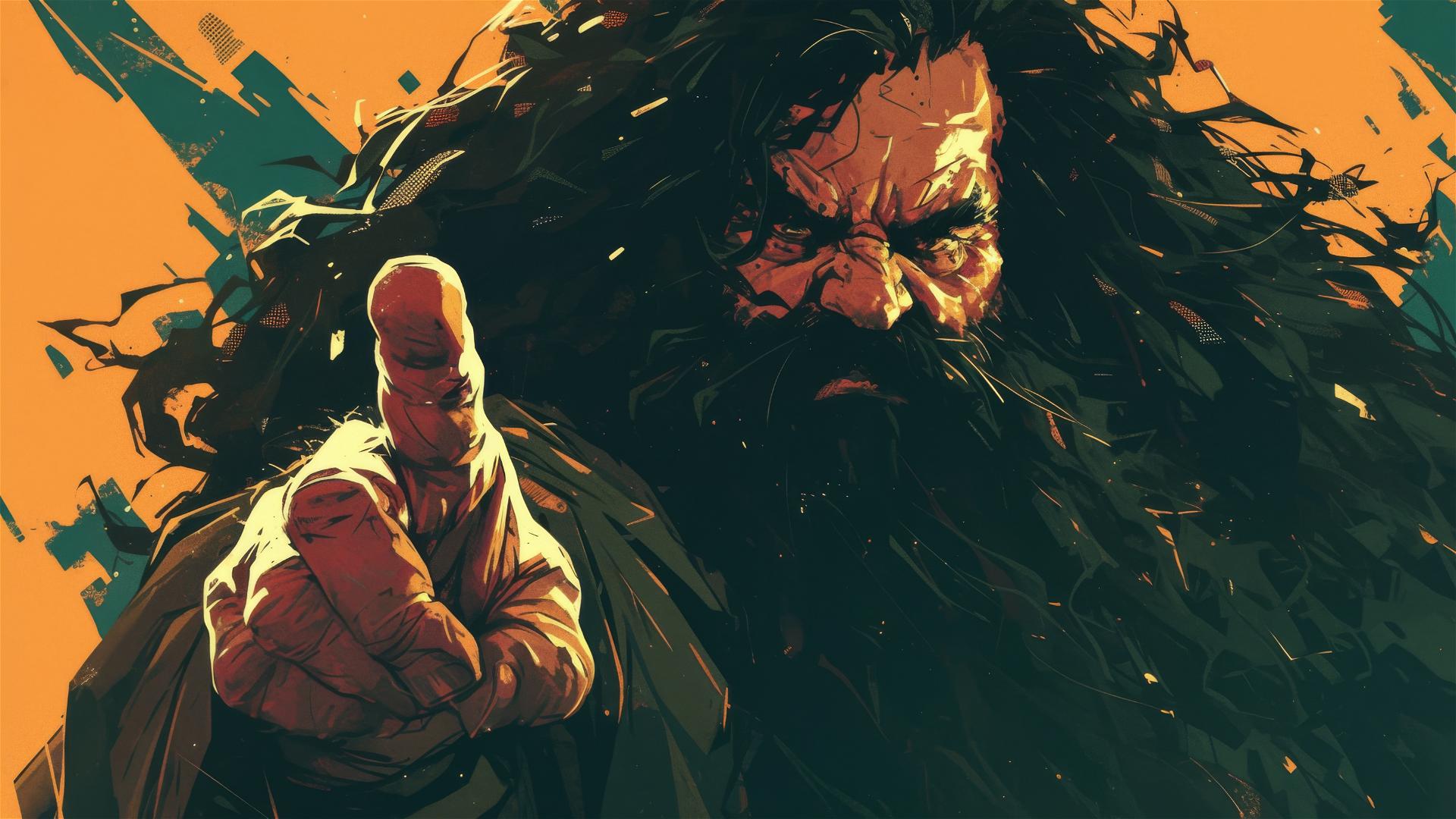 Hagrid illustration with dark background and spotlight
