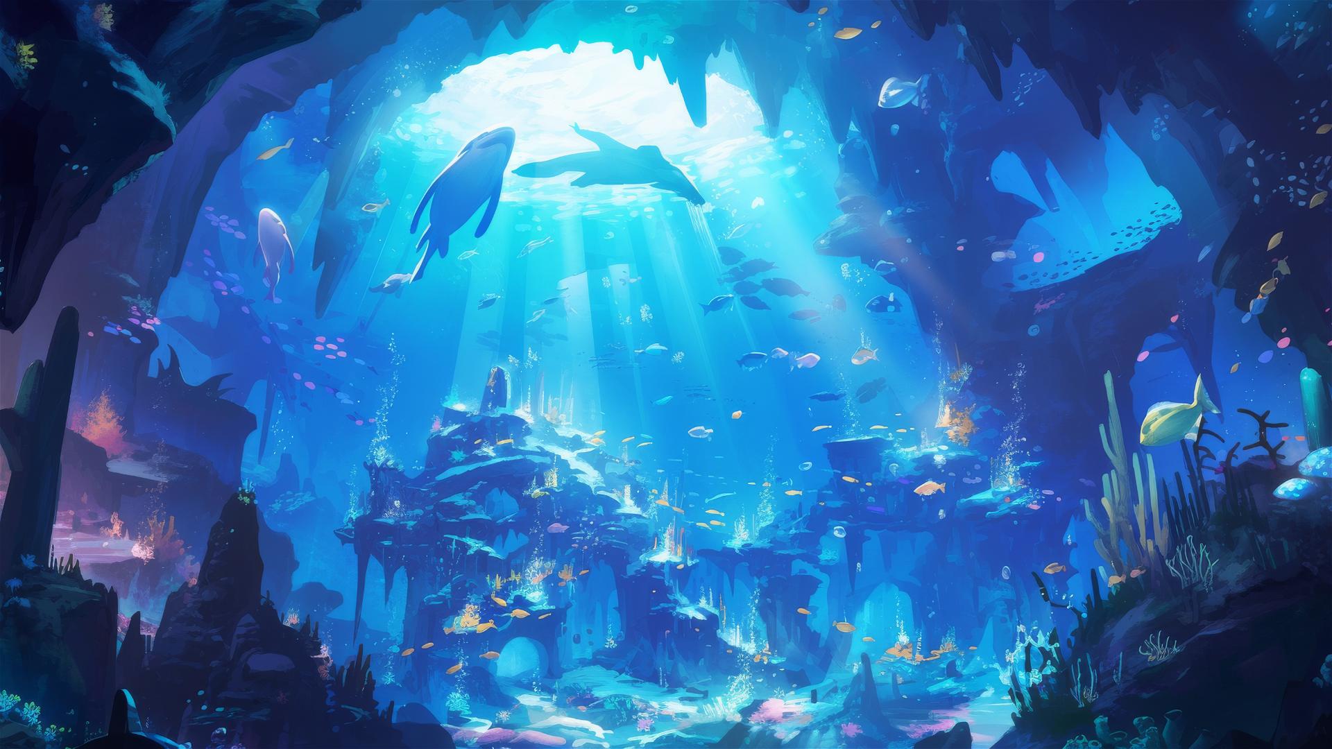 Undersea cave with glowing algae and luminous fish
