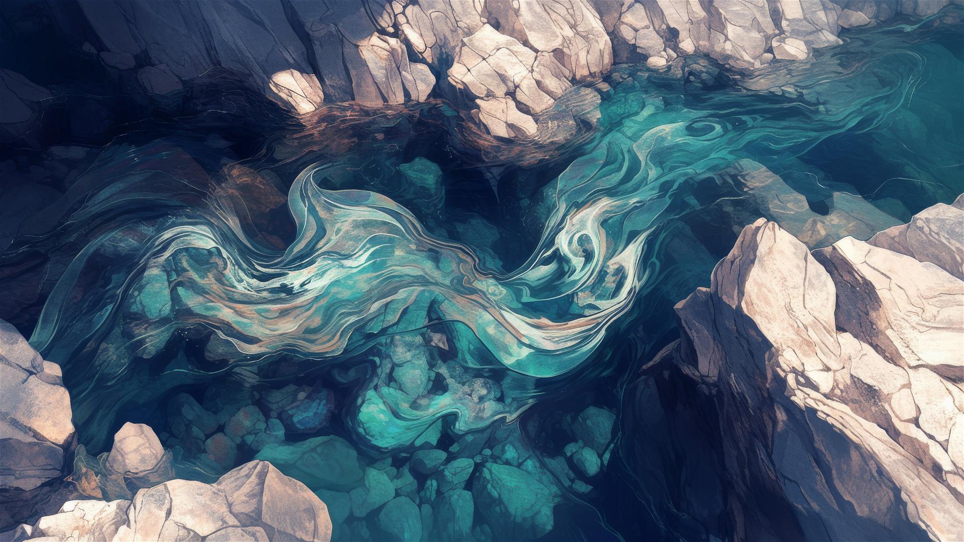 Shimmering crystalline riverbed with transparent currents over mineral-rich stones