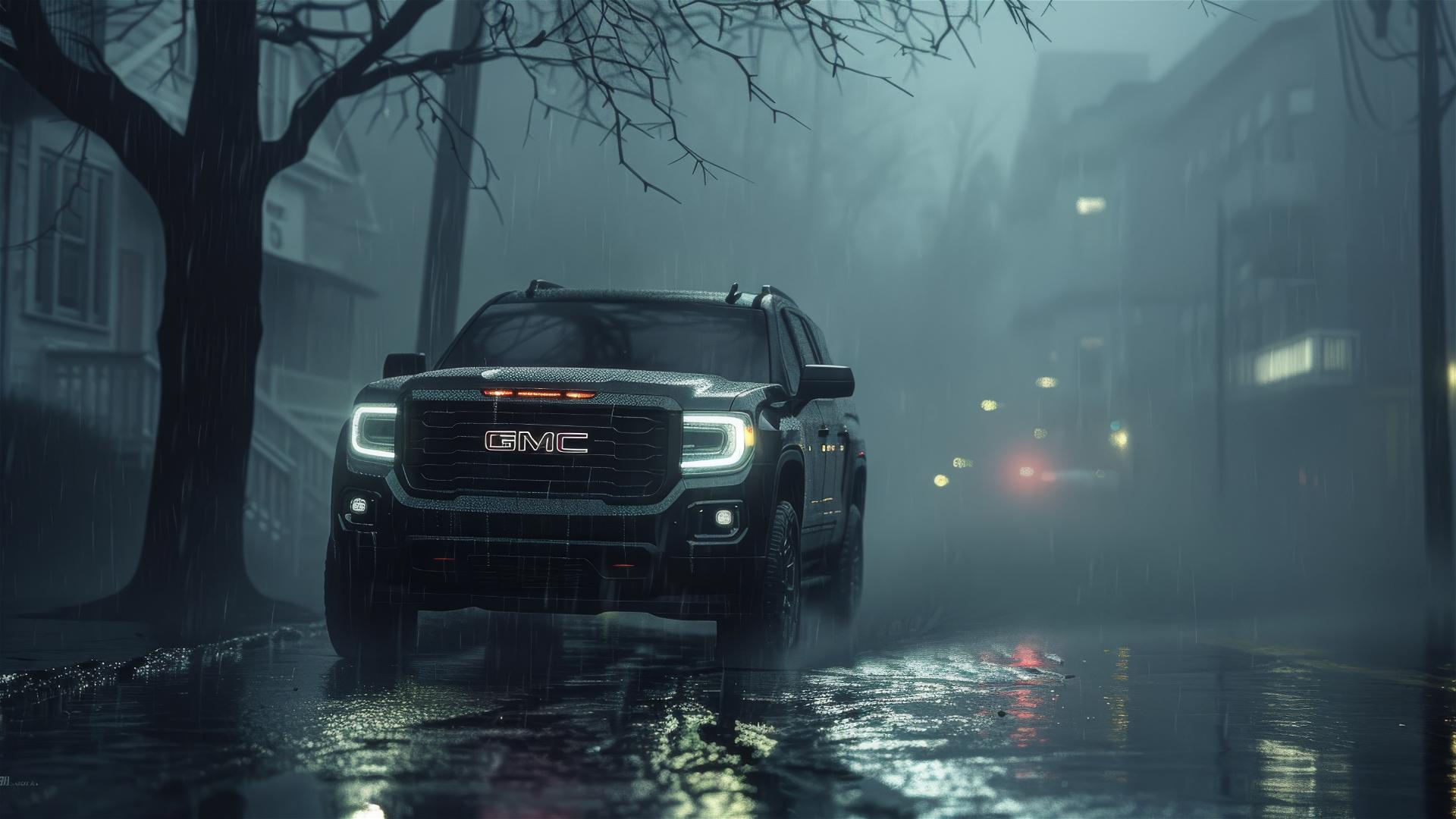 GMC Acadia in dim lighting with a gothic gloomy aesthetics, captured in an 8k smooth closeup view on a foggy day