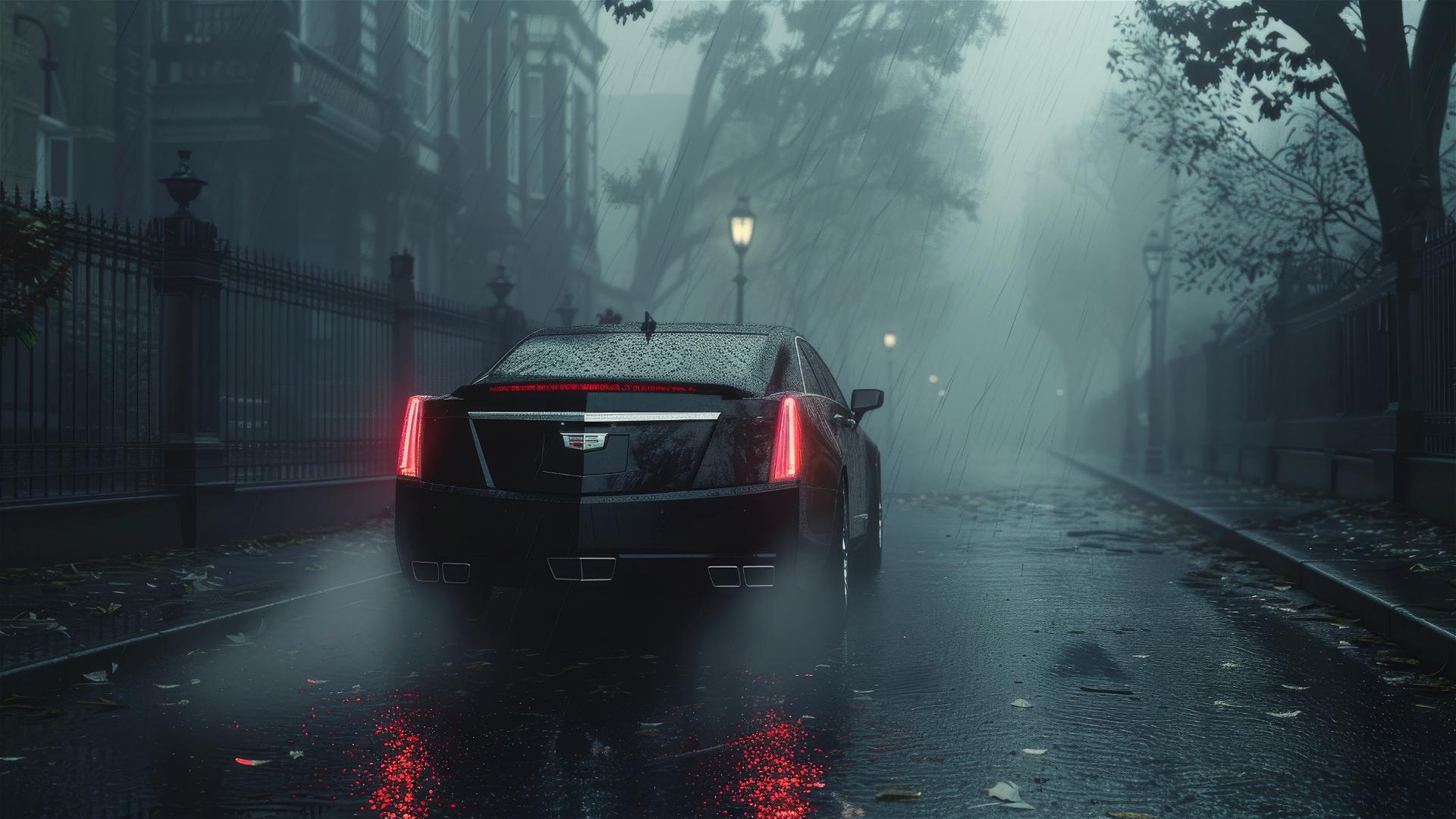 Cadillac XTS in dim lighting with a closeup view, portrayed in a gothic gloomy aesthetic with foggy ambiance in 8k smooth photorealistic quality