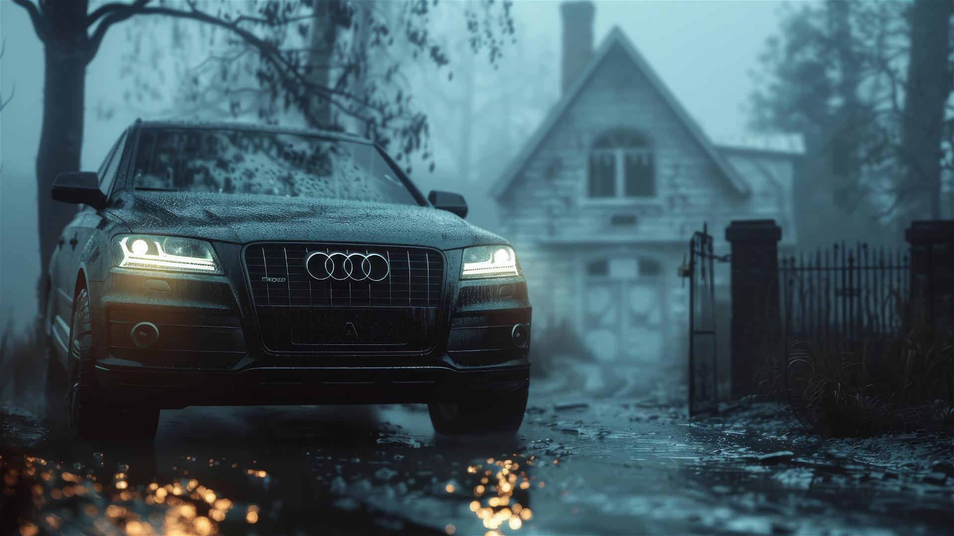 Close-up of an Audi Q7 in dim, gothic-style foggy setting