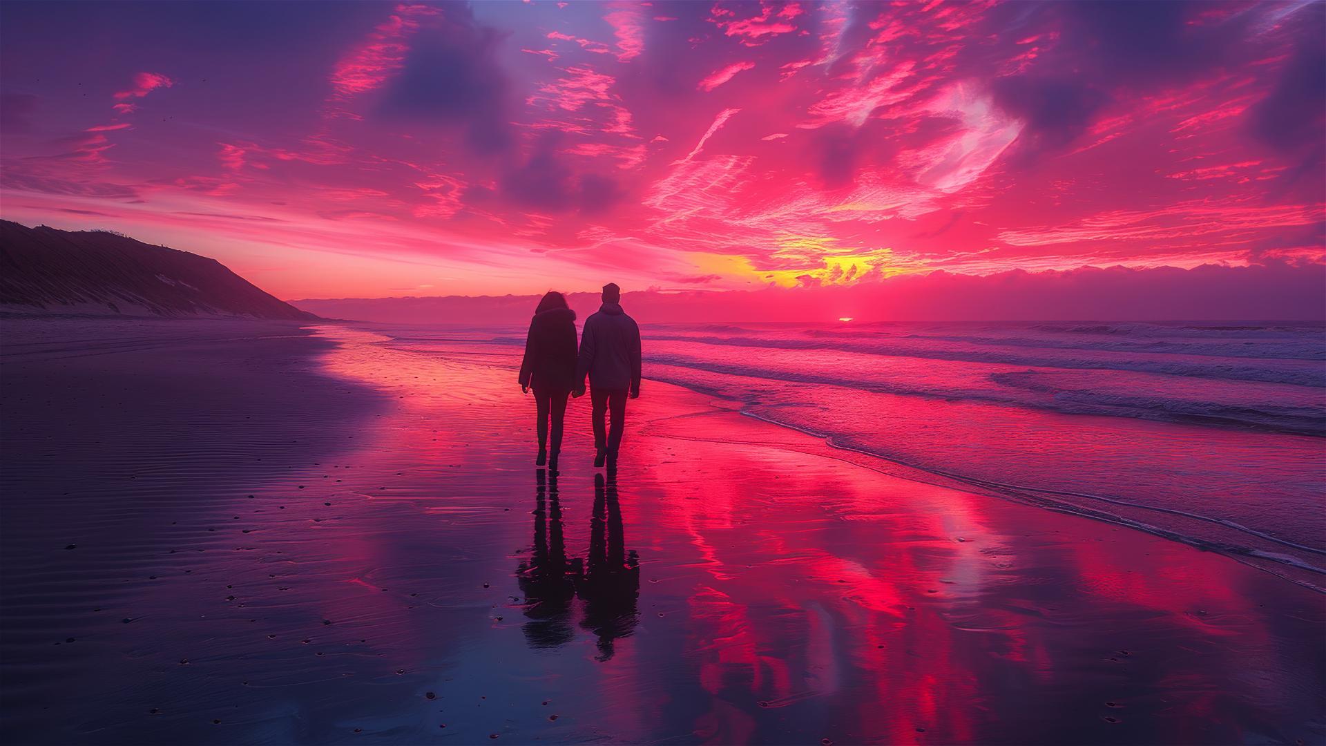 A couple strolling by the beach at sunset with pink and purple skies