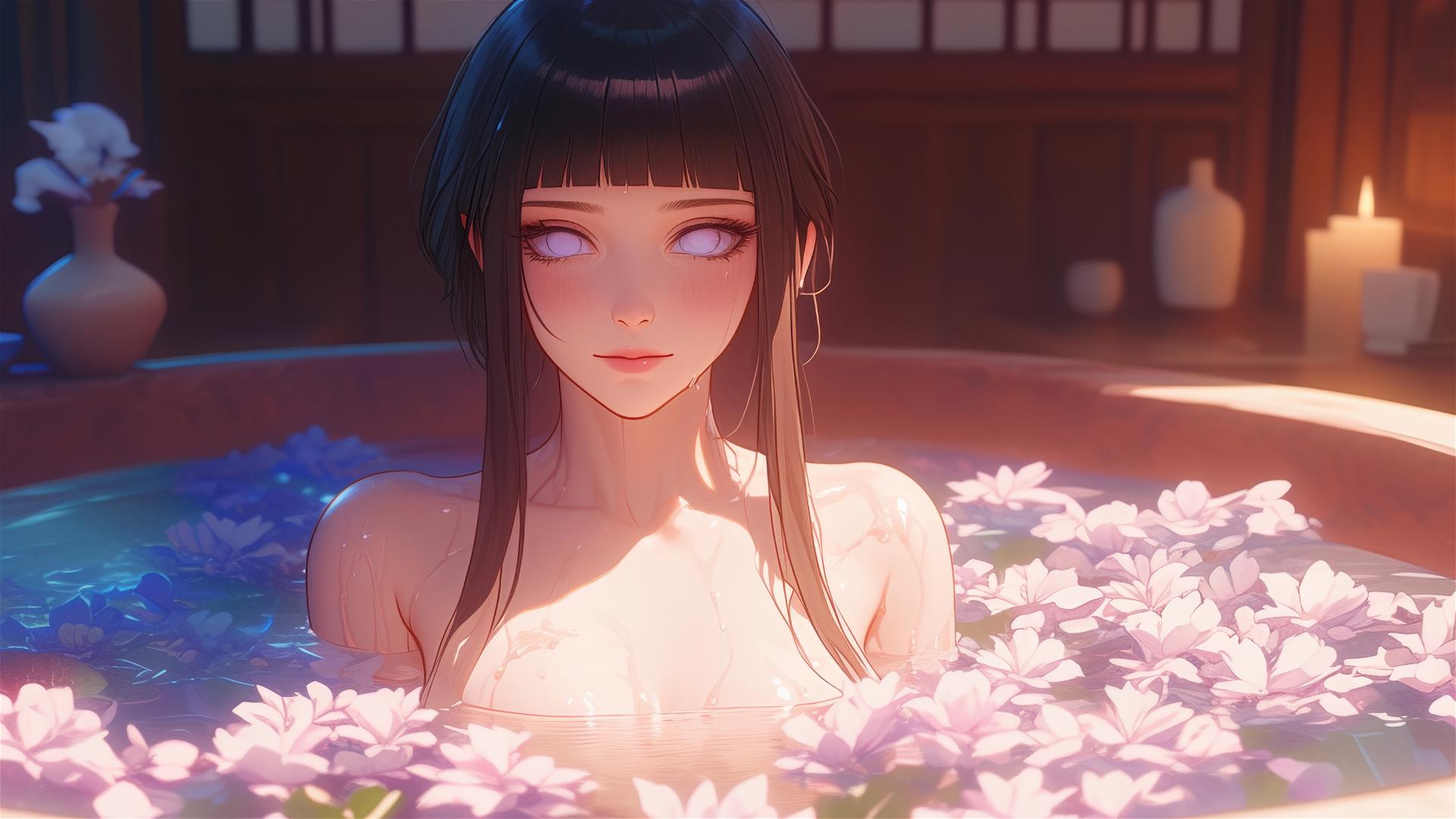 Hinata Hyuga in a flower-filled tub at a Chinese spa