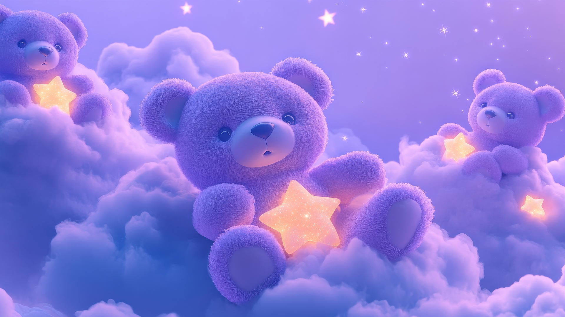 cute purple aesthetic wallpaper with bears holding stars on fluffy clouds