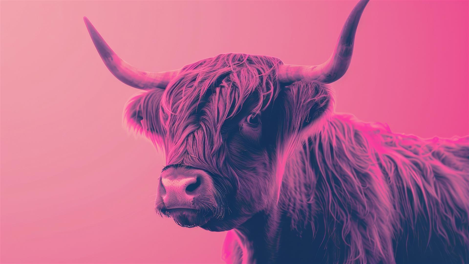 Modern kitschy highland cow with a pink hue, no background.