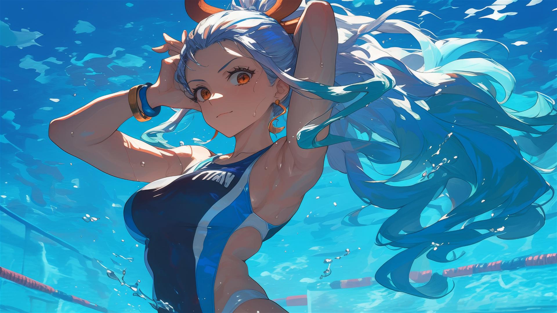 Yamato from One Piece standing in pool with moon glow on her