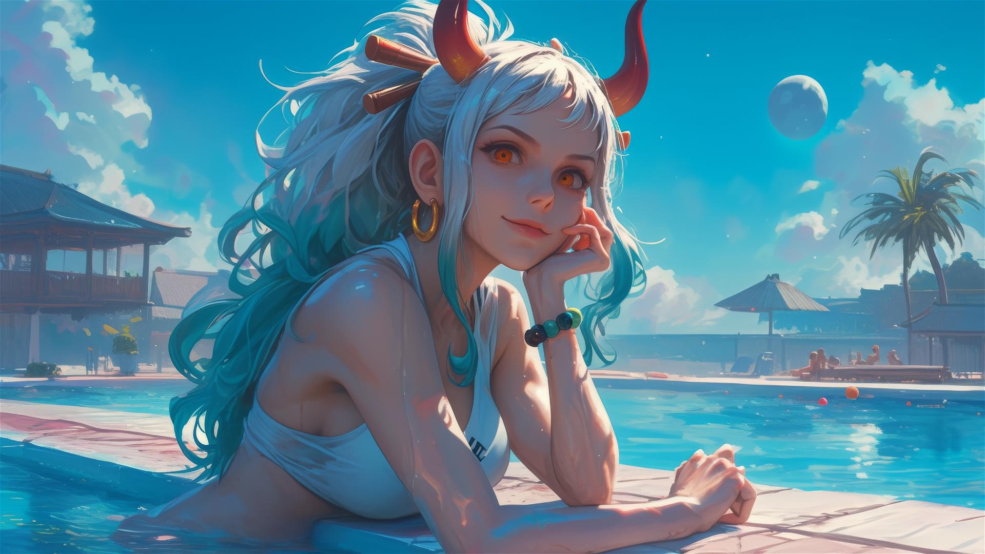 Yamato from One Piece, resting by pool under moonlight with orange eyes