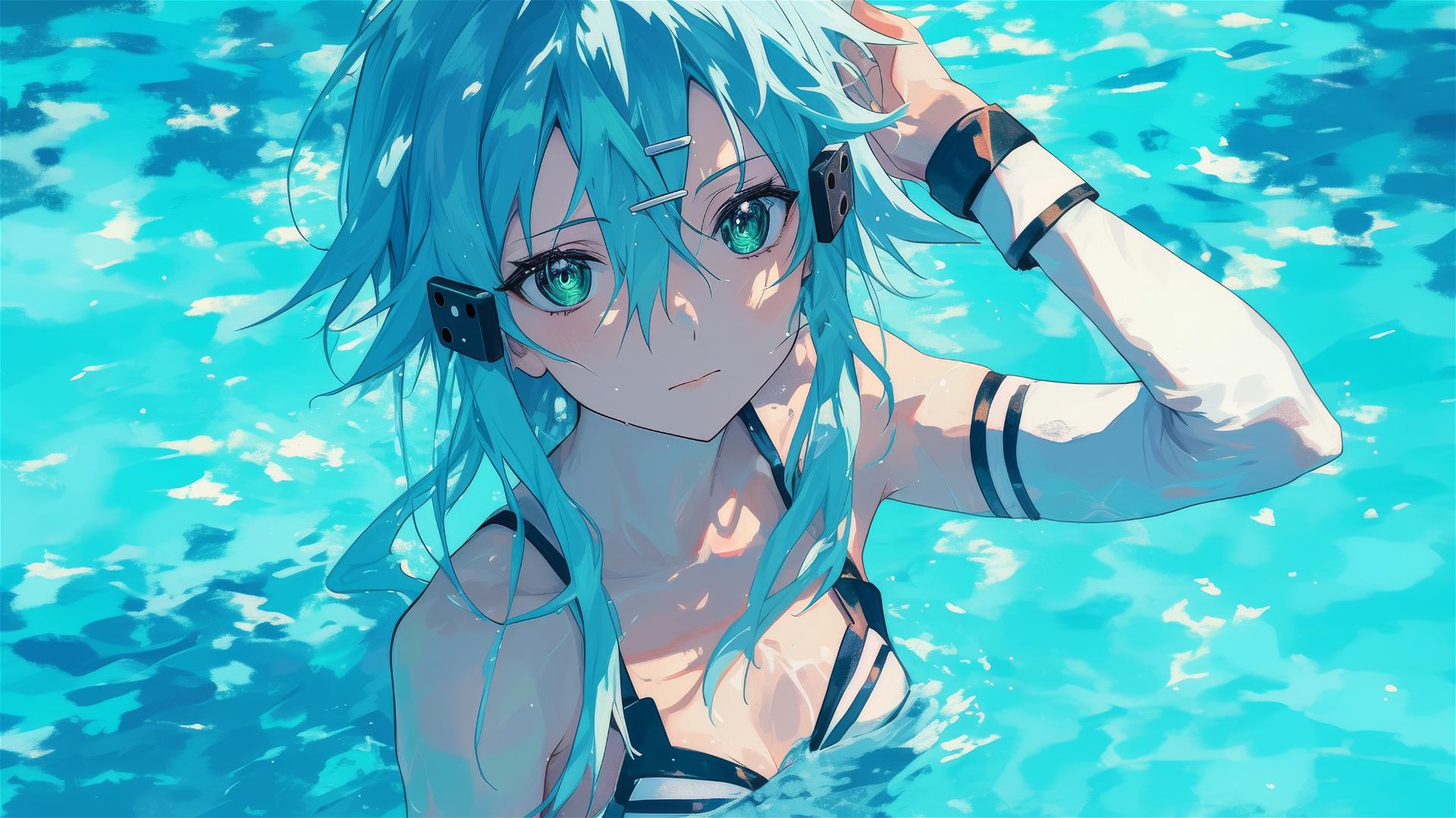 Sinon from Sword Art Online in a pool under moonlight, with green eyes