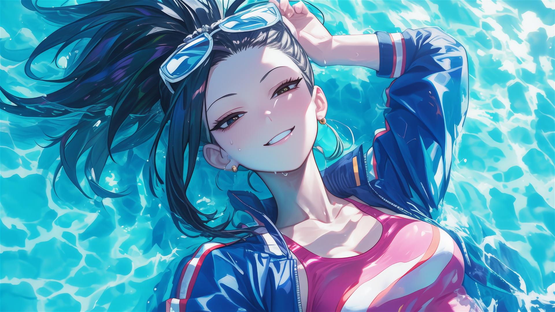 Momo Yaoyorozu from My Hero Academia resting by pool under moonlight