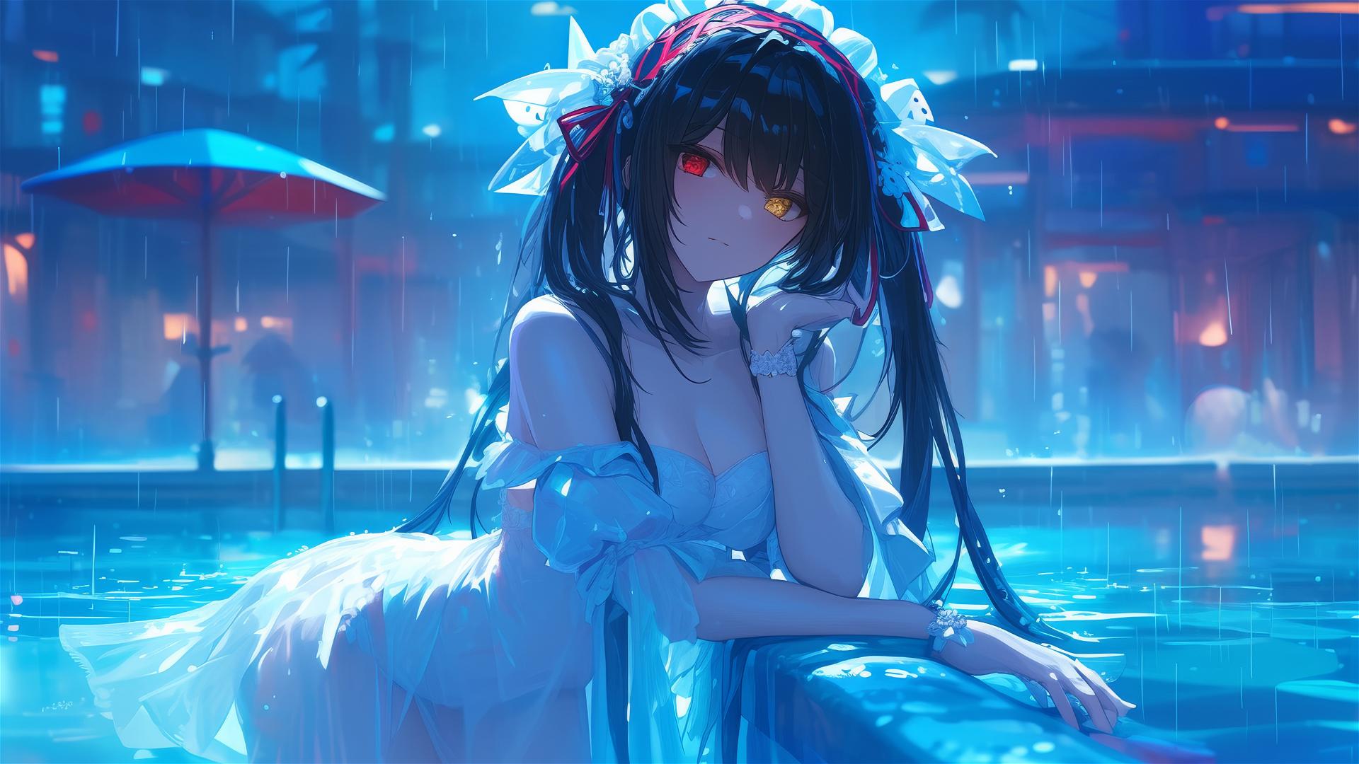 Kurumi Tokisaki emerging from pool under moonlight, white dress, red and yellow eyes, rainy day