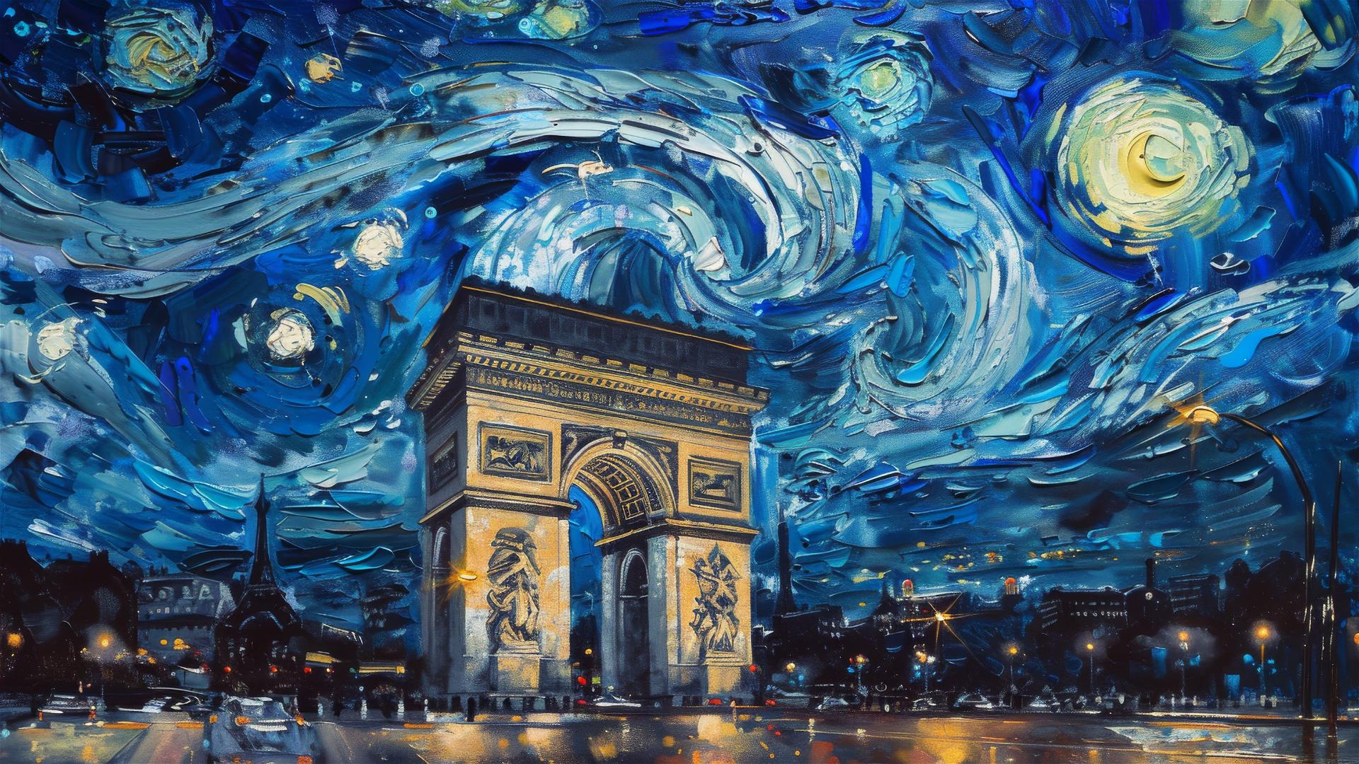 Arc de Triomphe with van Gogh's Starry Night sky at twilight