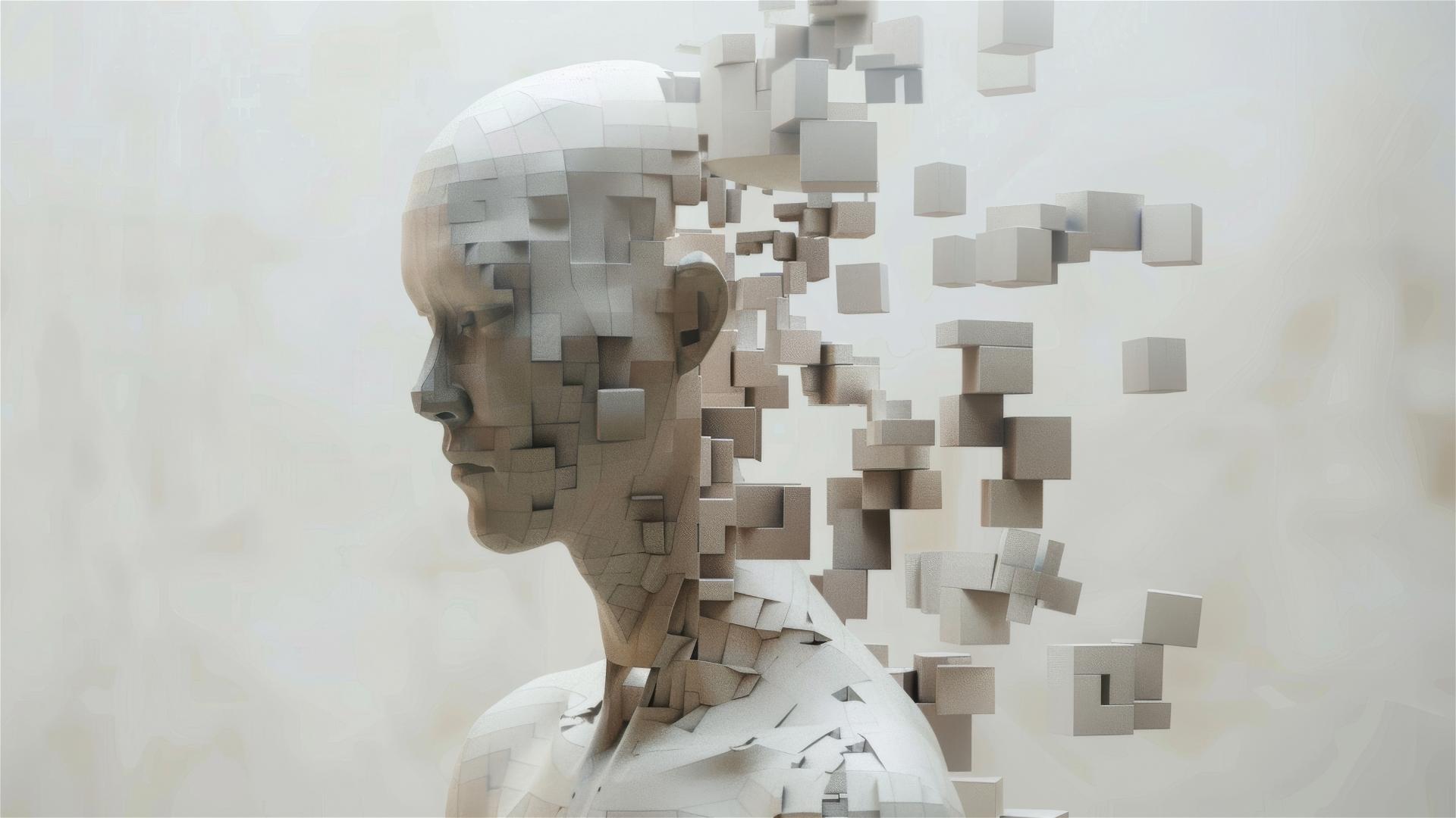 Abstract humanoid made of cubes, neutral background