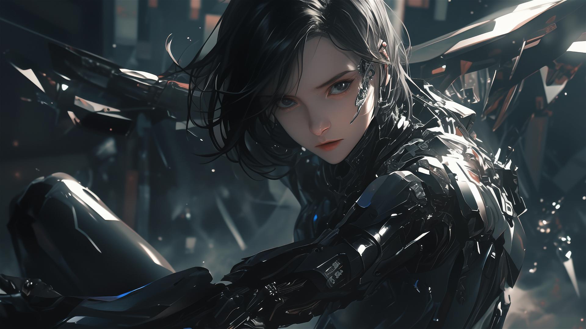 Cybernetic Agent Girl dynamic pose on dark background with spotlight