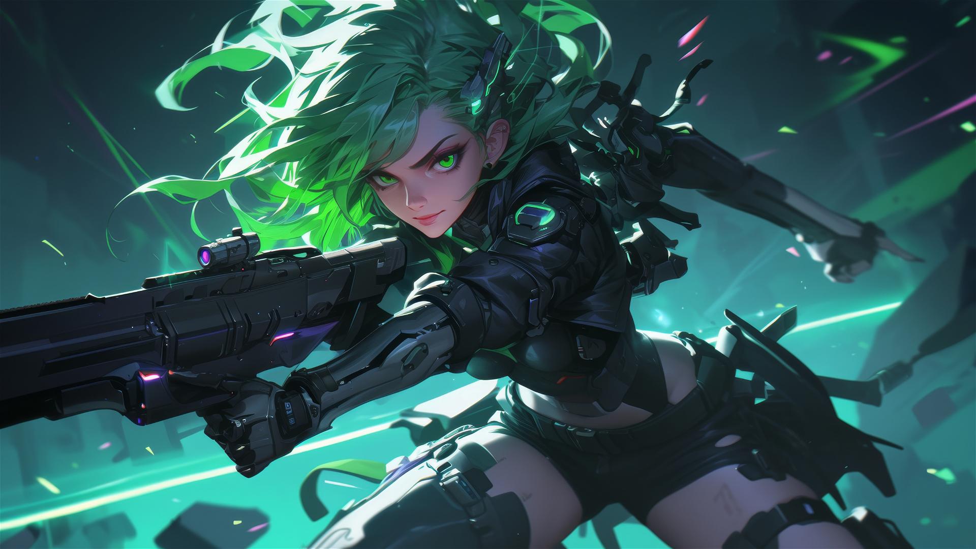 Cybernetic Agent Girl in dynamic pose on dark background with thigh focus and spotlight effect