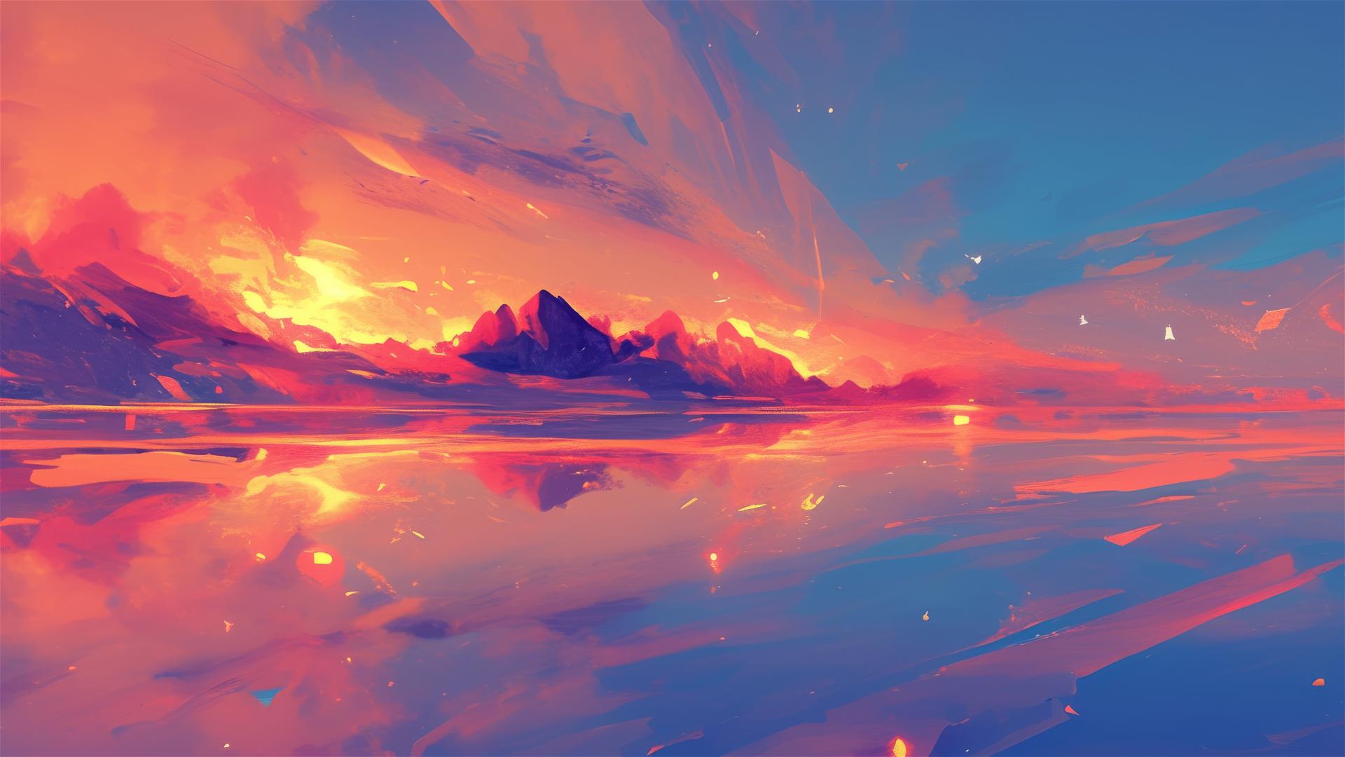 Illusive sunset on salt flat with fiery horizon colors