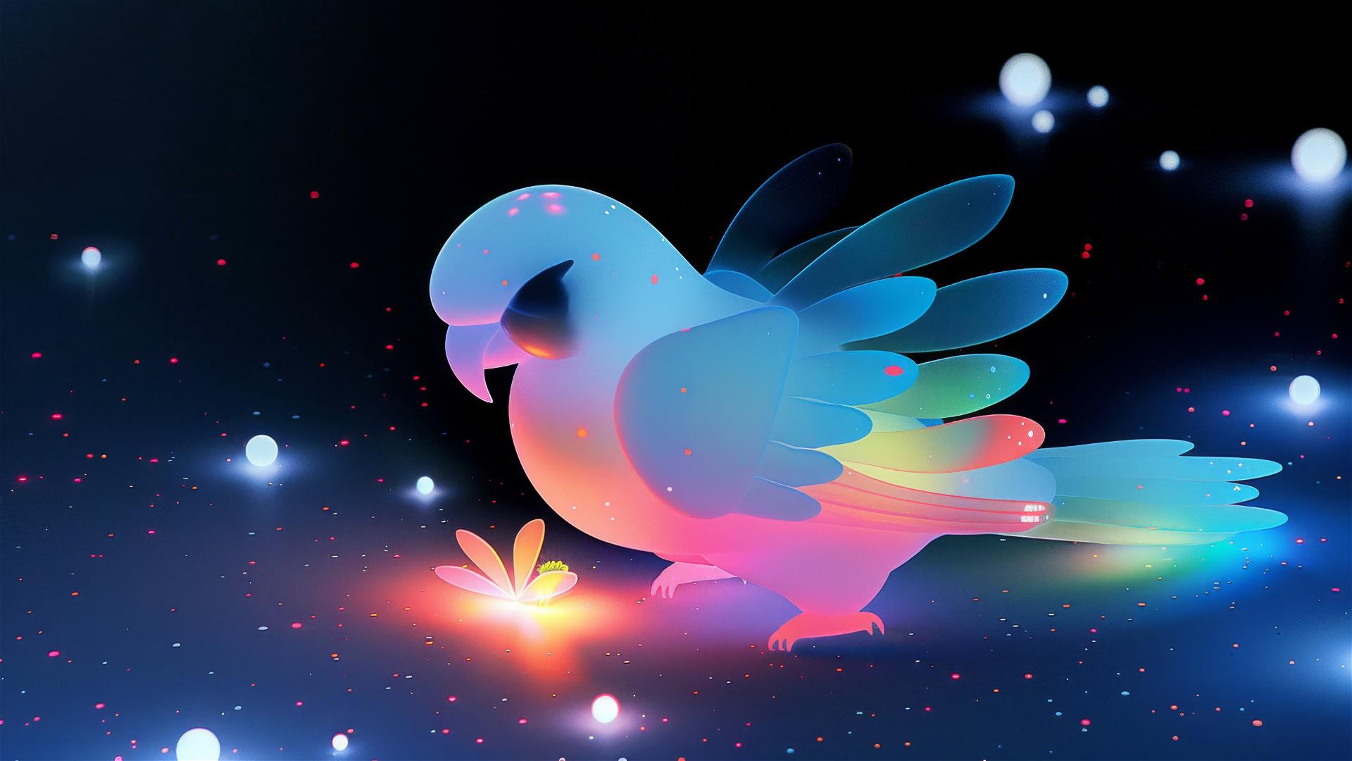 Crystal clear parrot with a glowing firefly on its wing