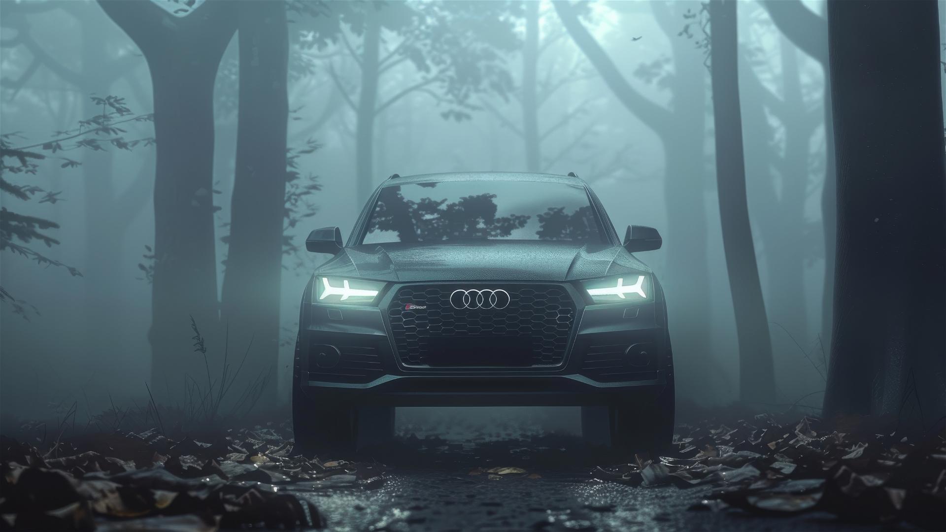 Audi Q5 in dim light with a gothic gloomy atmosphere in a closeup, foggy and photorealistic view
