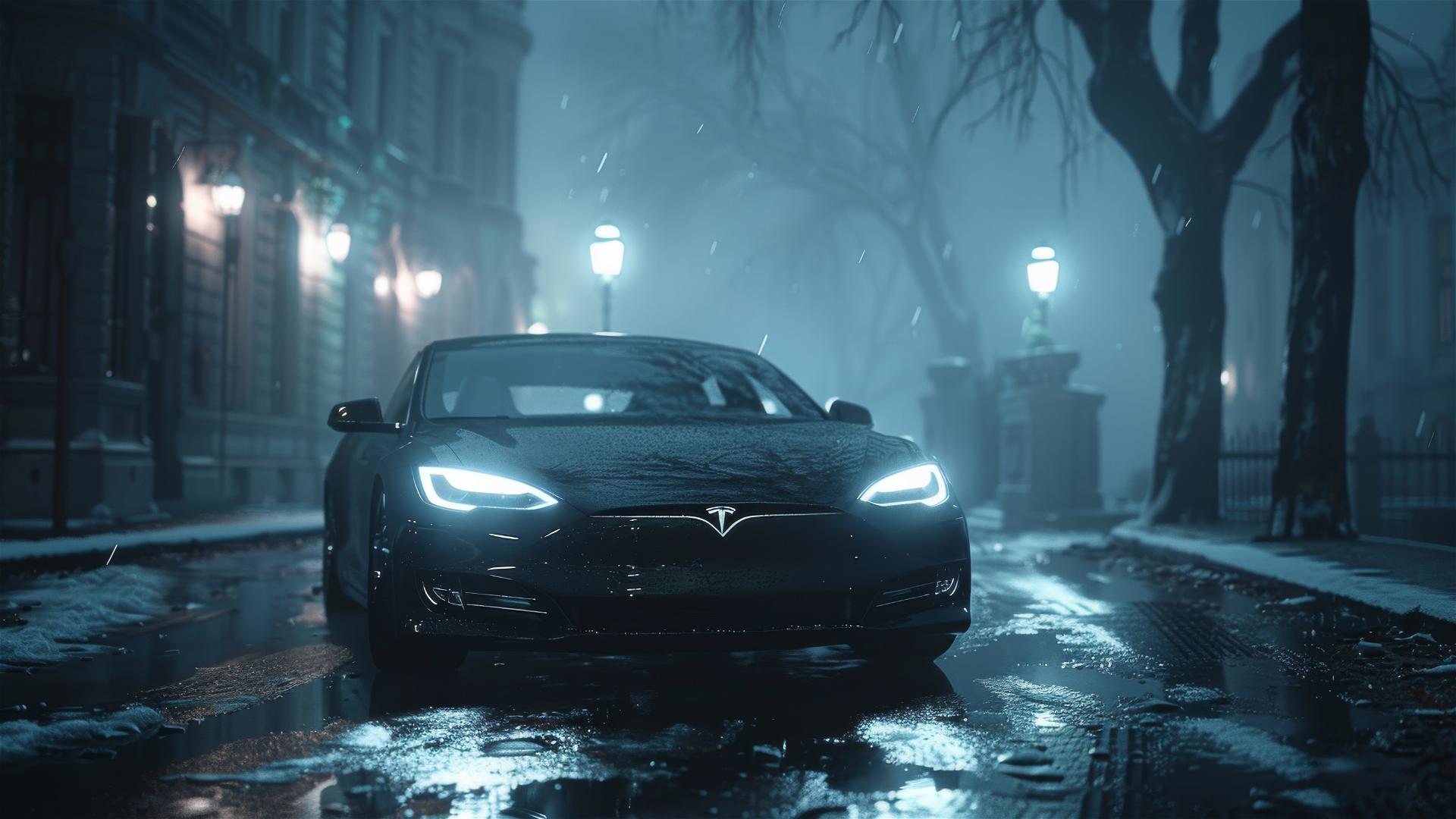 Tesla Model S in dim, gothic lighting with a closeup view and fog