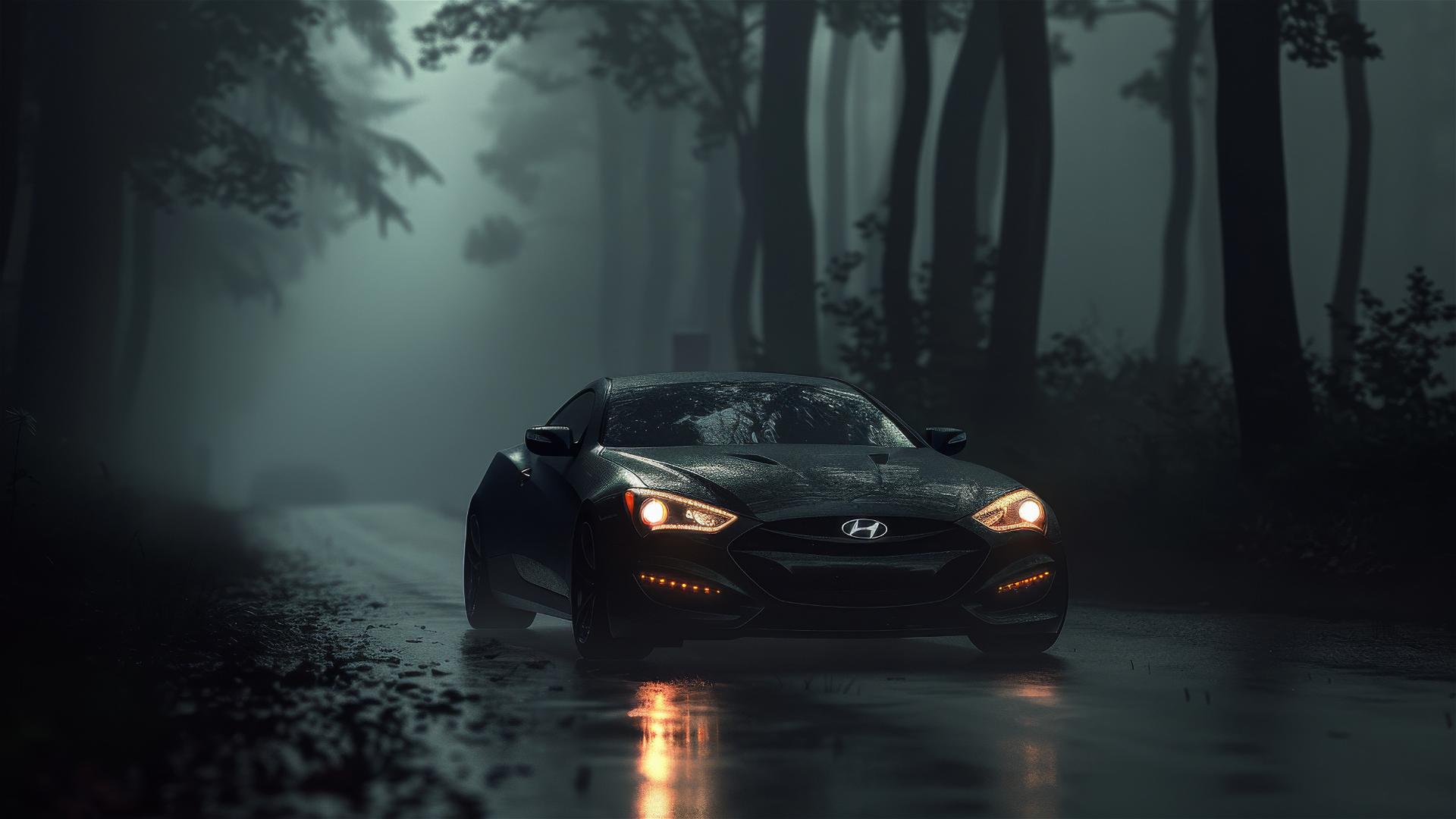 Hyundai Genesis under dim, gothic gloomy lighting in a foggy atmosphere