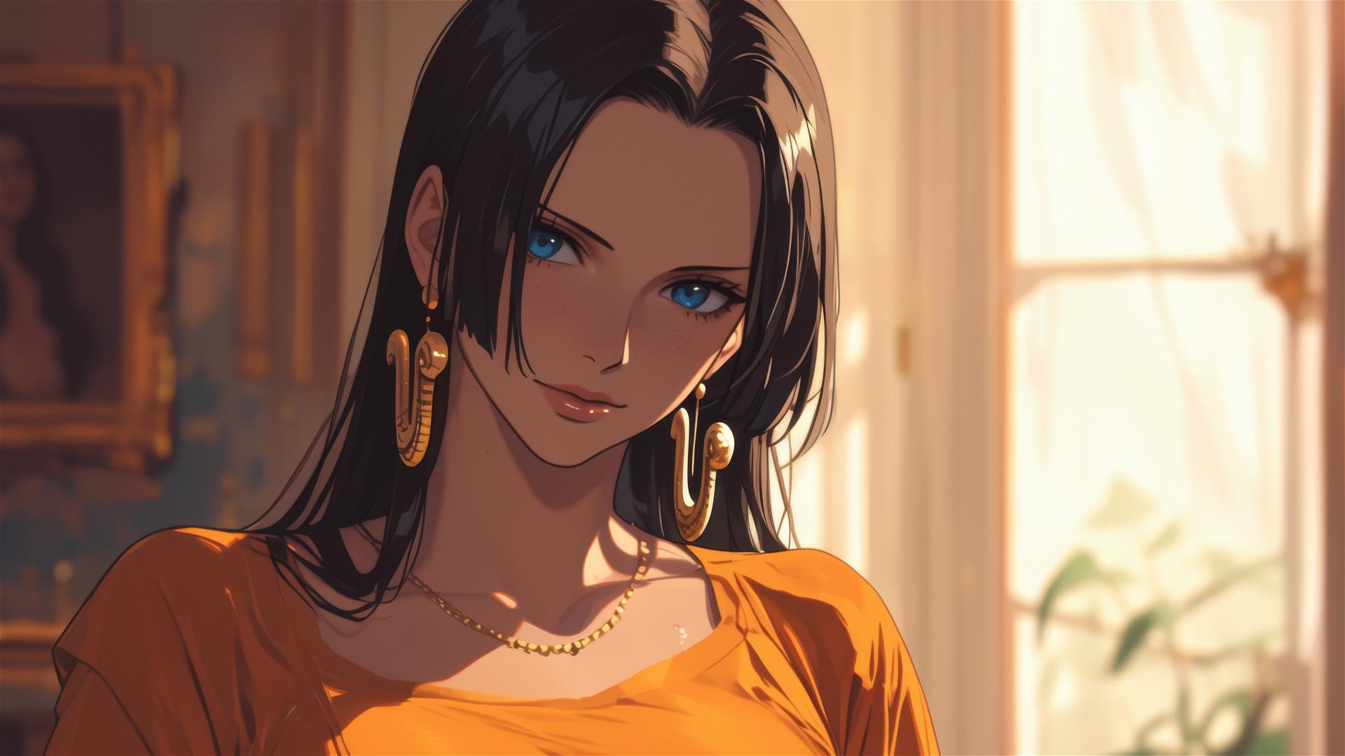 Boa Hancock wanders through an art gallery under soft glow lights