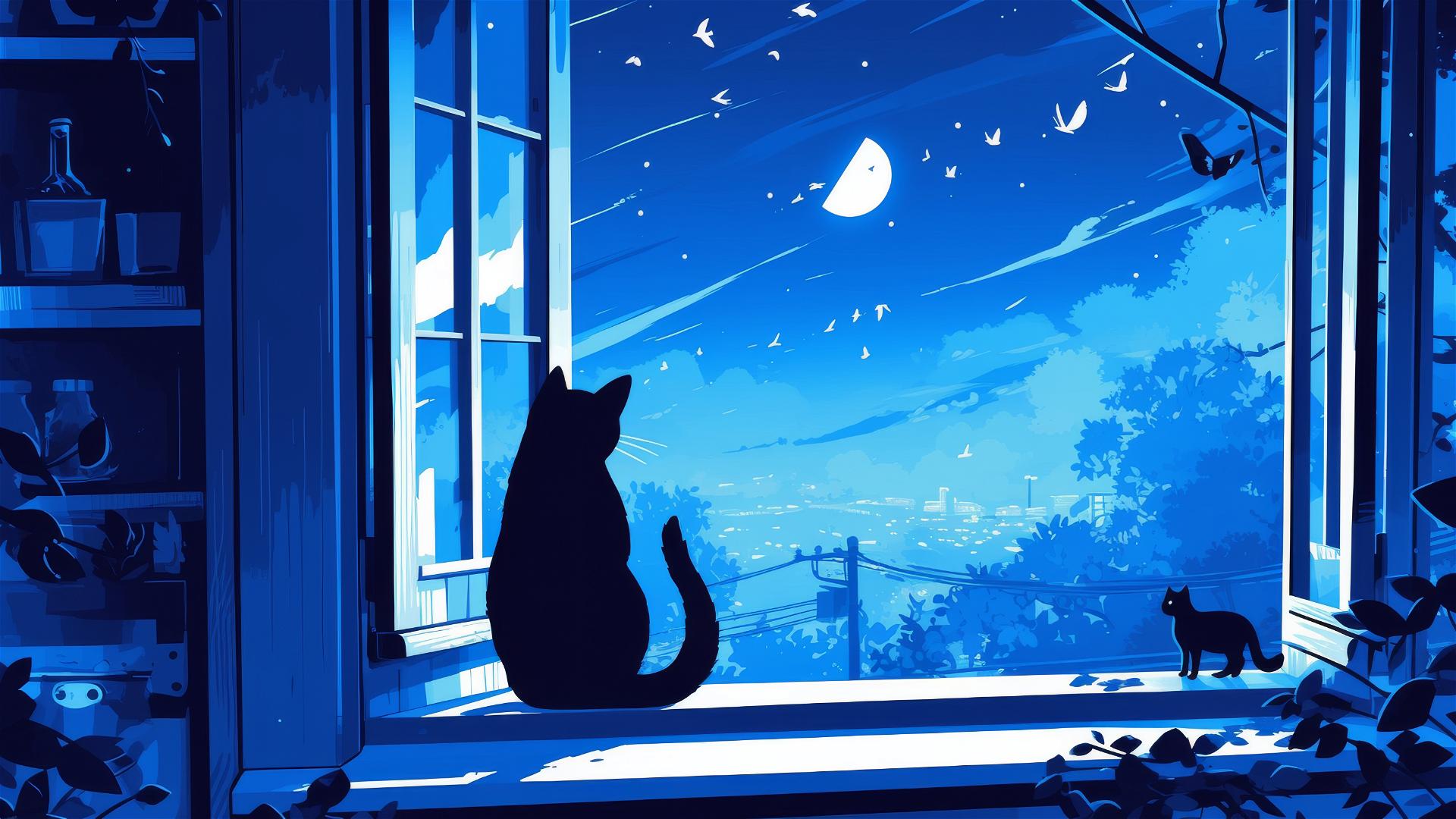 Black cat silhouette with glowing eyes on a window sill at night