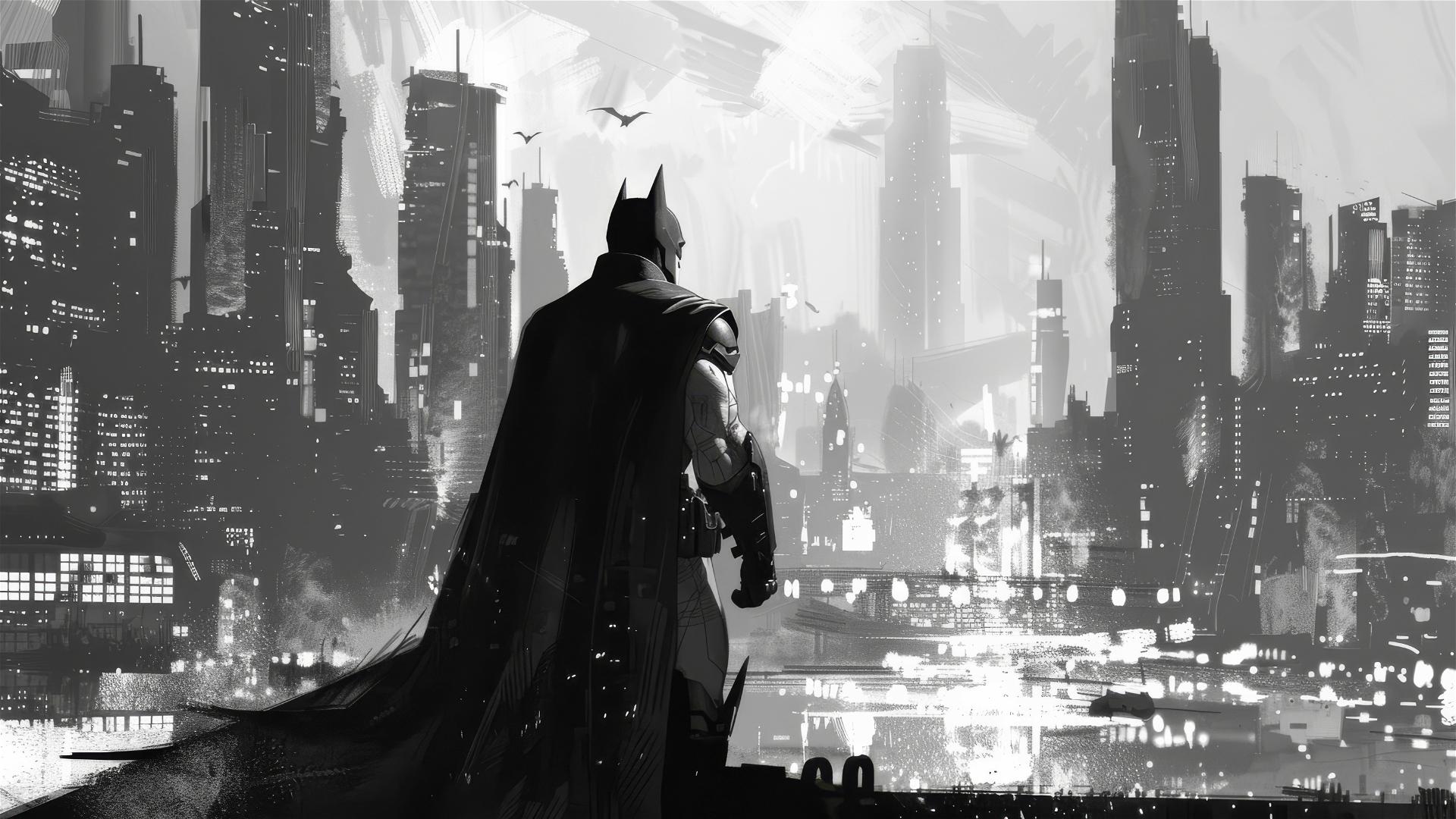 Batman observing Arkham city from afar in grayscale illustration