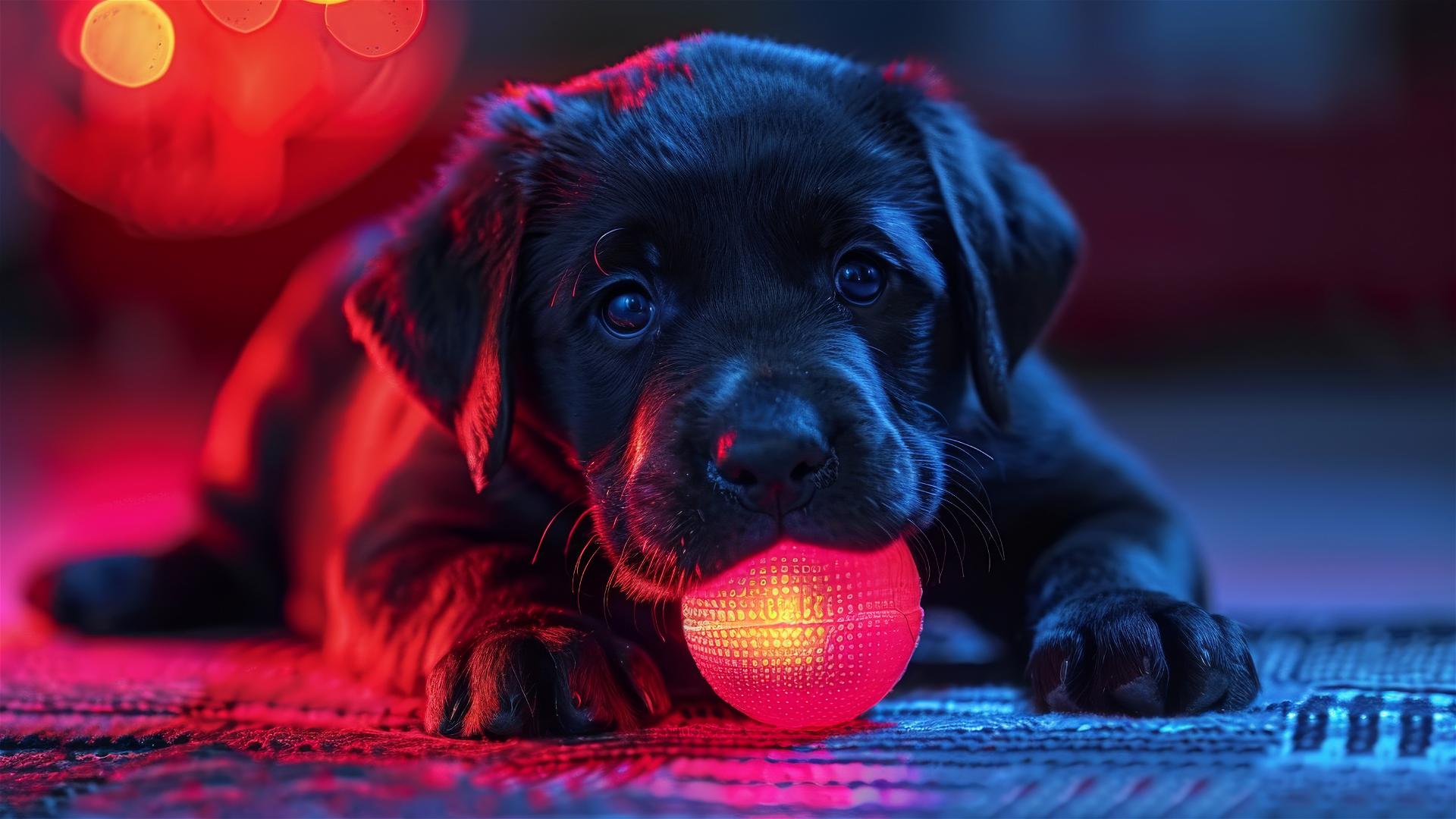 Realistic neon cute labrador puppy chewing a ball