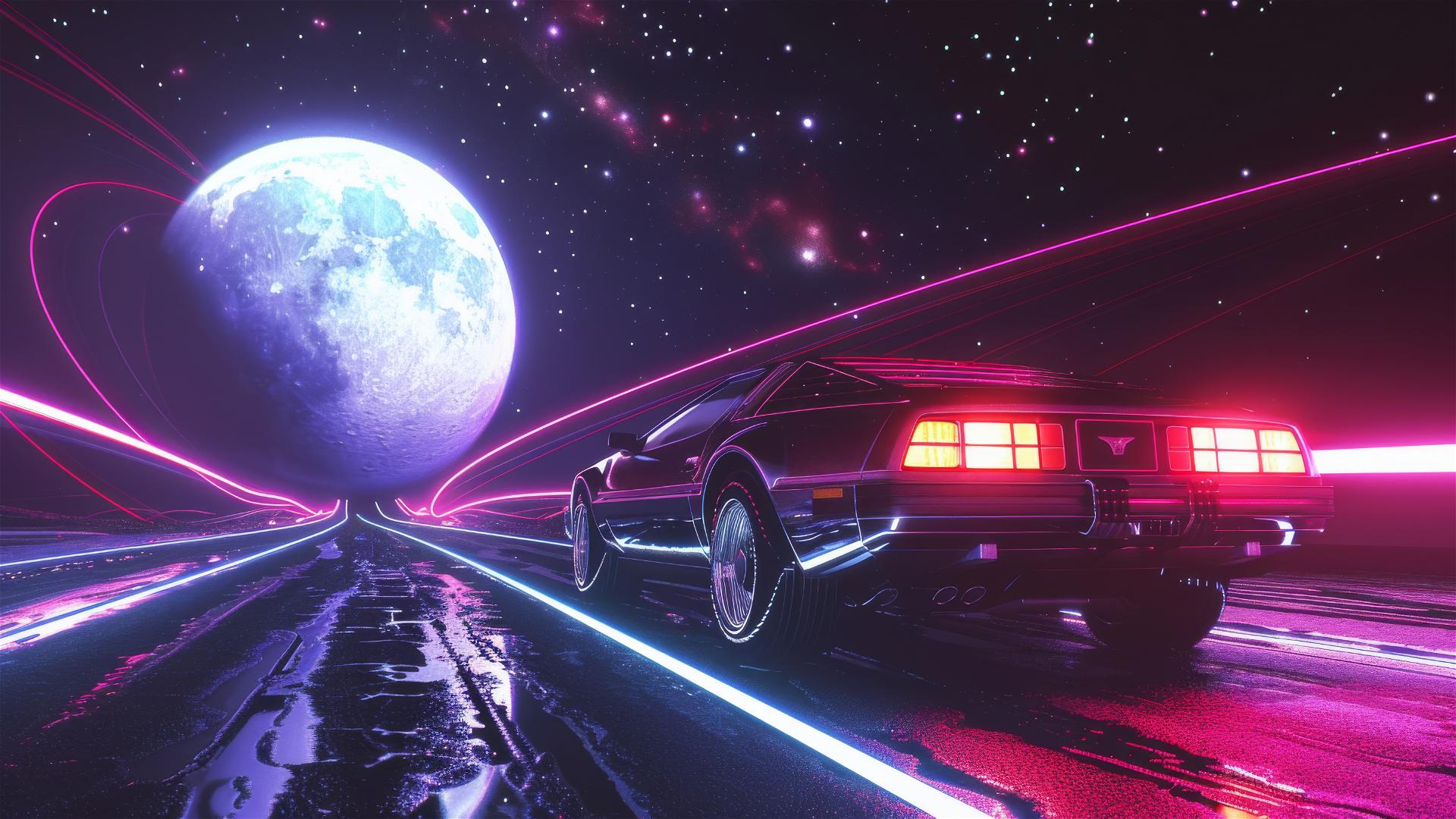 Synthwave car driving on space highway to the moon