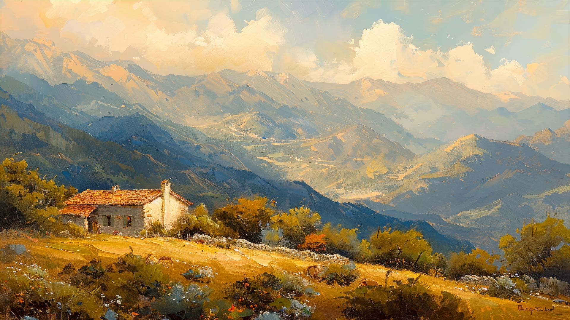 Oil painting of a farmhouse nestled in tranquil mountain scenery